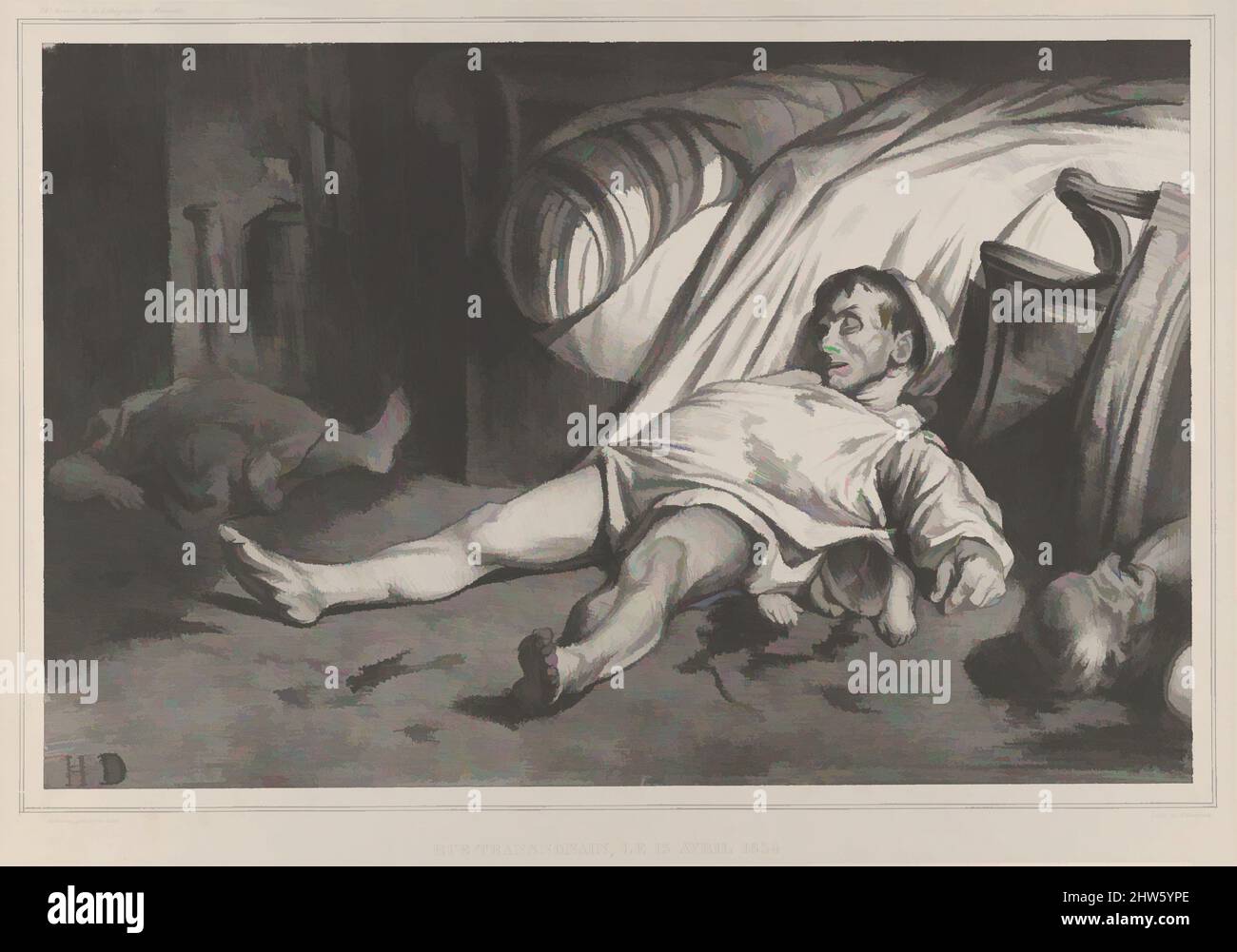 Art Inspired by Rue Transnonain, le 15 Avril, 1834, plate 24 of l'Association mensuelle, July 1834, litografia, image: 11 1/4 x 17 3/8 in. (28,6 x 44,1 cm), Prints, Honoré Daumier (francese, Marsiglia 1808–1879 Valmondois), questa litografia, Pubblicato in Associazione Mensuelle, opere classiche modernizzate da Artotop con un tuffo di modernità. Forme, colore e valore, impatto visivo accattivante sulle emozioni artistiche attraverso la libertà delle opere d'arte in modo contemporaneo. Un messaggio senza tempo che persegue una nuova direzione selvaggiamente creativa. Artisti che si rivolgono al supporto digitale e creano l'NFT Artotop Foto Stock