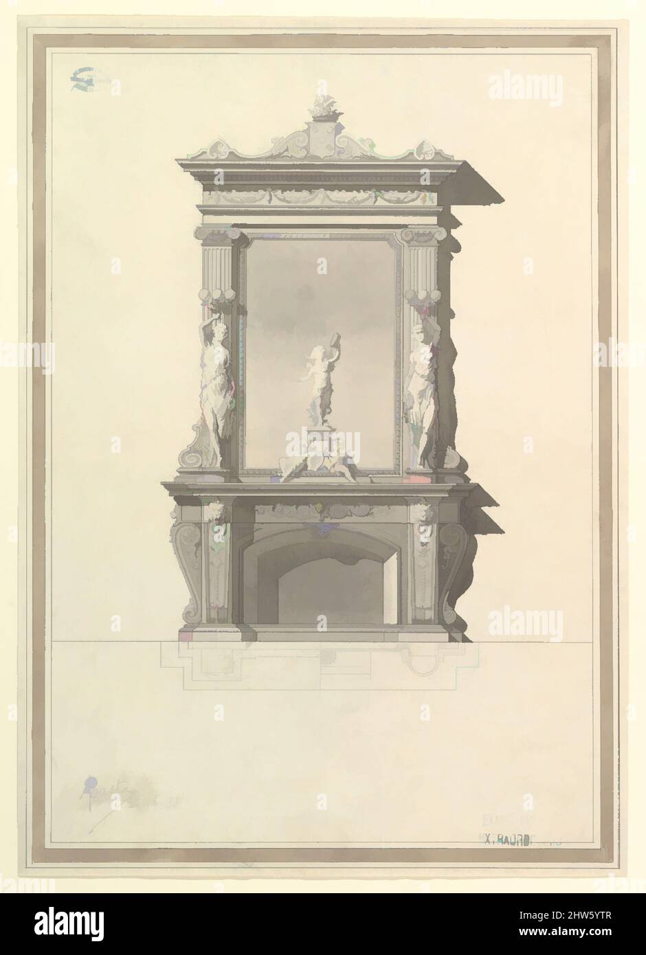 Art Inspired by Design for mantlepiece, fine 19th secolo, penna con inchiostro nero e grigio, spazzola e lavaggio grigio, punto di piombo o grafite., 20 13/16 x 14 3/4 pollici (52,8 x 37,5 cm), disegni, Antonio Francisco Baeta (portoghese, attivo 1886–1900) (ca. 1886/1900, opere classiche modernizzate da Artotop con un tuffo di modernità. Forme, colore e valore, impatto visivo accattivante sulle emozioni artistiche attraverso la libertà delle opere d'arte in modo contemporaneo. Un messaggio senza tempo che persegue una nuova direzione selvaggiamente creativa. Artisti che si rivolgono al supporto digitale e creano l'NFT Artotop Foto Stock