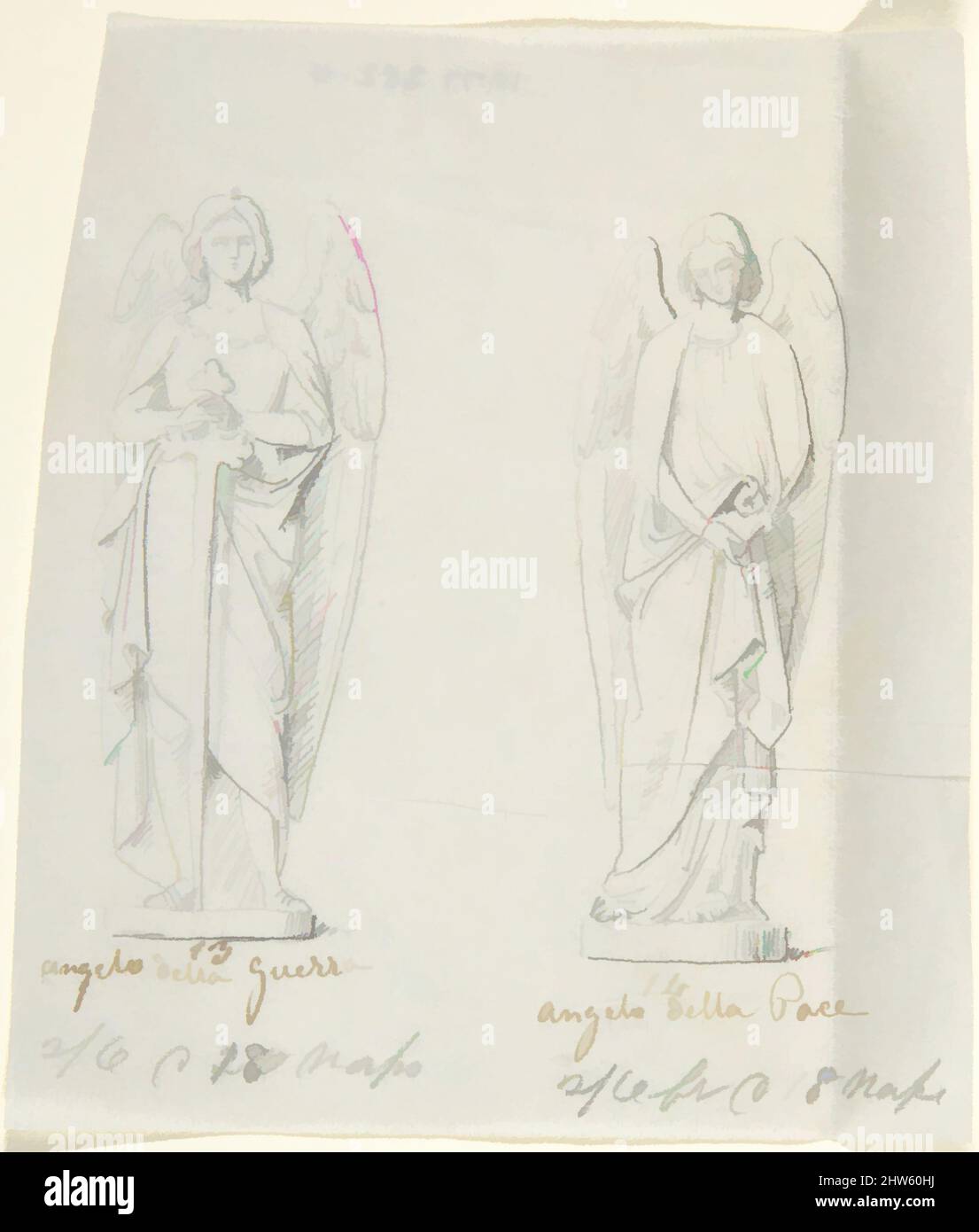 Arte ispirata dagli schizzi di due statue: 'Angelo della Guerra' e 'Angelo della Pace', ca. 1850, inchiostro a penna e marrone, grafite, foglio: 3 5/8 x 3 3/16 pollici (9,2 x 8,1 cm), disegni, John Gibson (British, Gwynedd, Wales 1790–1866 Roma, Opere classiche modernizzate da Artotop con un tocco di modernità. Forme, colore e valore, impatto visivo accattivante sulle emozioni artistiche attraverso la libertà delle opere d'arte in modo contemporaneo. Un messaggio senza tempo che persegue una nuova direzione selvaggiamente creativa. Artisti che si rivolgono al supporto digitale e creano l'NFT Artotop Foto Stock