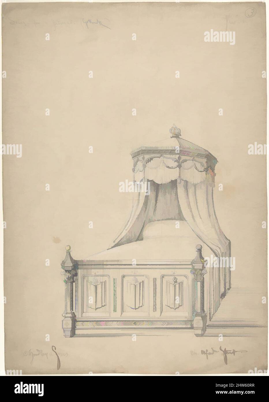 Art Inspired by Design for a Gothic Bed, 1841–84, grafite con tocchi di gouache bianco, foglio: 14 7/16 x 10 1/4 poll. (36,7 x 26,1 cm), Charles Hindley and Sons (British, Londra 1841–1917 Londra, opere classiche modernizzate da Artotop con un tocco di modernità. Forme, colore e valore, impatto visivo accattivante sulle emozioni artistiche attraverso la libertà delle opere d'arte in modo contemporaneo. Un messaggio senza tempo che persegue una nuova direzione selvaggiamente creativa. Artisti che si rivolgono al supporto digitale e creano l'NFT Artotop Foto Stock