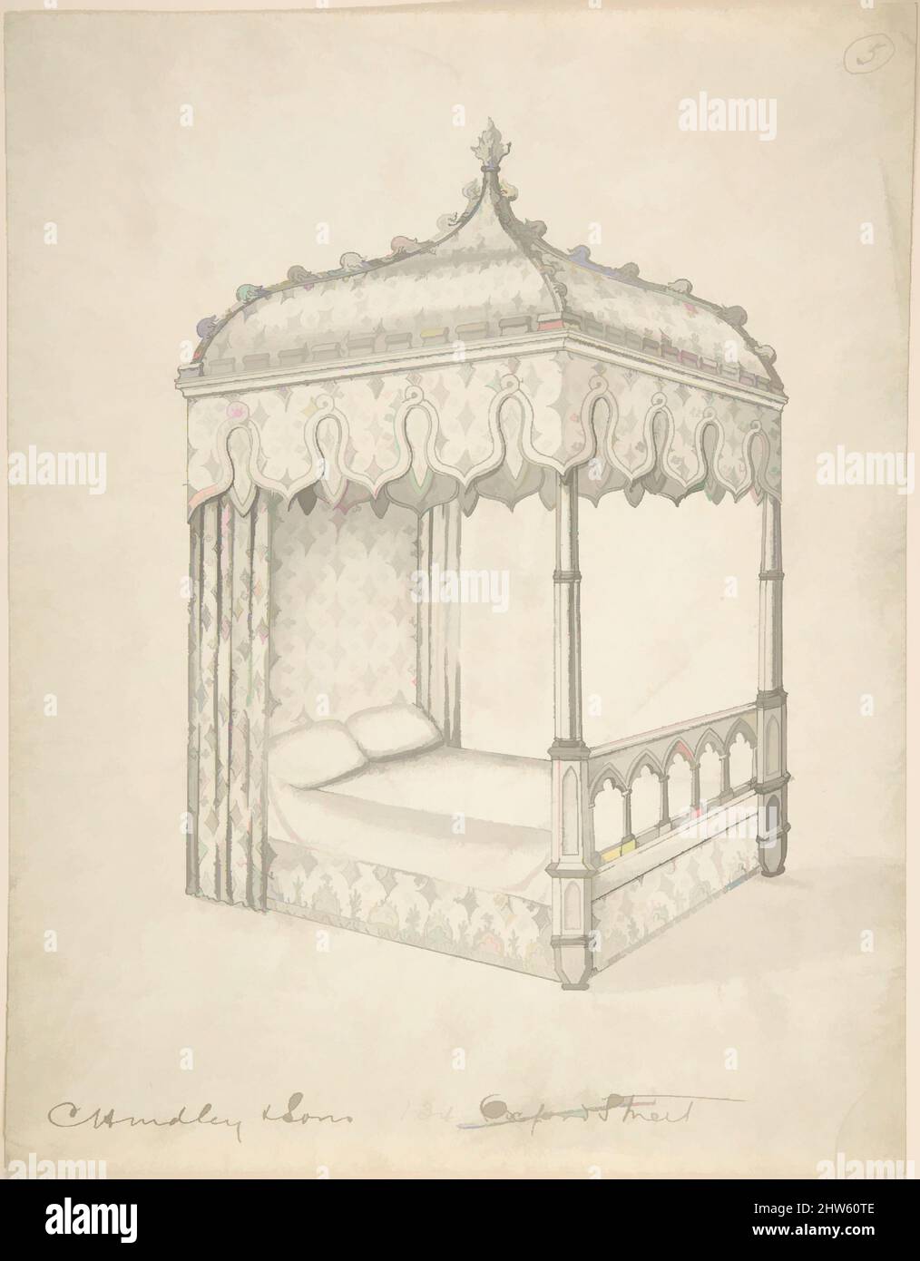 Art Inspired by Design for a Gothic Bed with Canopy, 1841–84, penna e inchiostro nero, foglio: 11 5/16 x 8 13/16 pollici (28,7 x 22,4 cm), Charles Hindley and Sons (British, Londra 1841–1917 Londra, opere classiche modernizzate da Artotop con un tocco di modernità. Forme, colore e valore, impatto visivo accattivante sulle emozioni artistiche attraverso la libertà delle opere d'arte in modo contemporaneo. Un messaggio senza tempo che persegue una nuova direzione selvaggiamente creativa. Artisti che si rivolgono al supporto digitale e creano l'NFT Artotop Foto Stock