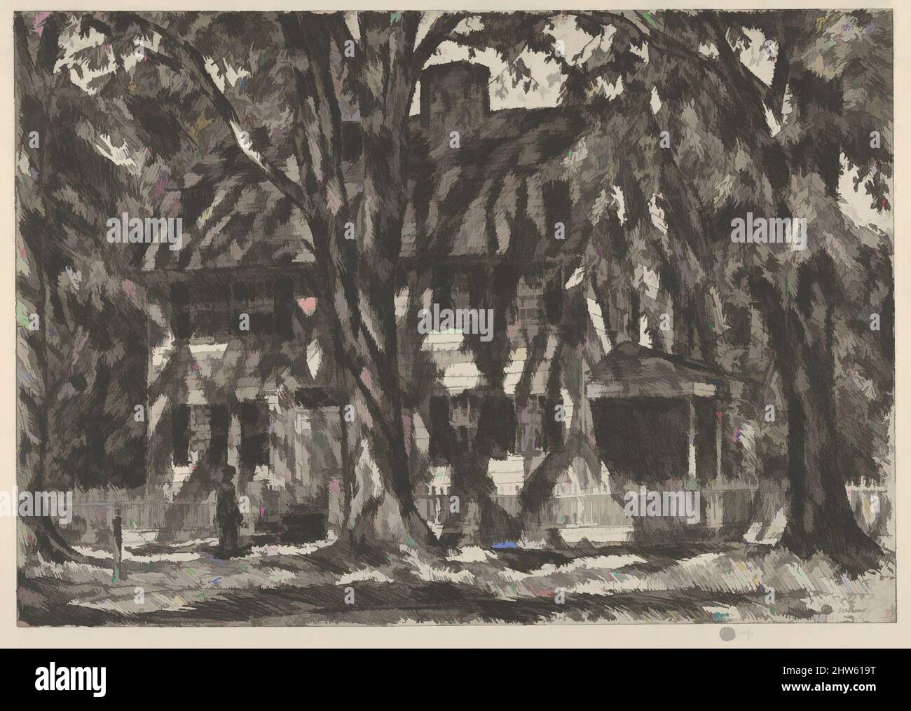Arte ispirata da Lion Gardiner House, Easthampton, 1920, incisione, piatto: 9 13/16 x 14 1/16 poll. (25 x 35,7 cm), Prints, Childe Hassam (American, Dorchester, Massachusetts 1859–1935 East Hampton, New York, opere classiche modernizzate da Artotop con un tuffo di modernità. Forme, colore e valore, impatto visivo accattivante sulle emozioni artistiche attraverso la libertà delle opere d'arte in modo contemporaneo. Un messaggio senza tempo che persegue una nuova direzione selvaggiamente creativa. Artisti che si rivolgono al supporto digitale e creano l'NFT Artotop Foto Stock