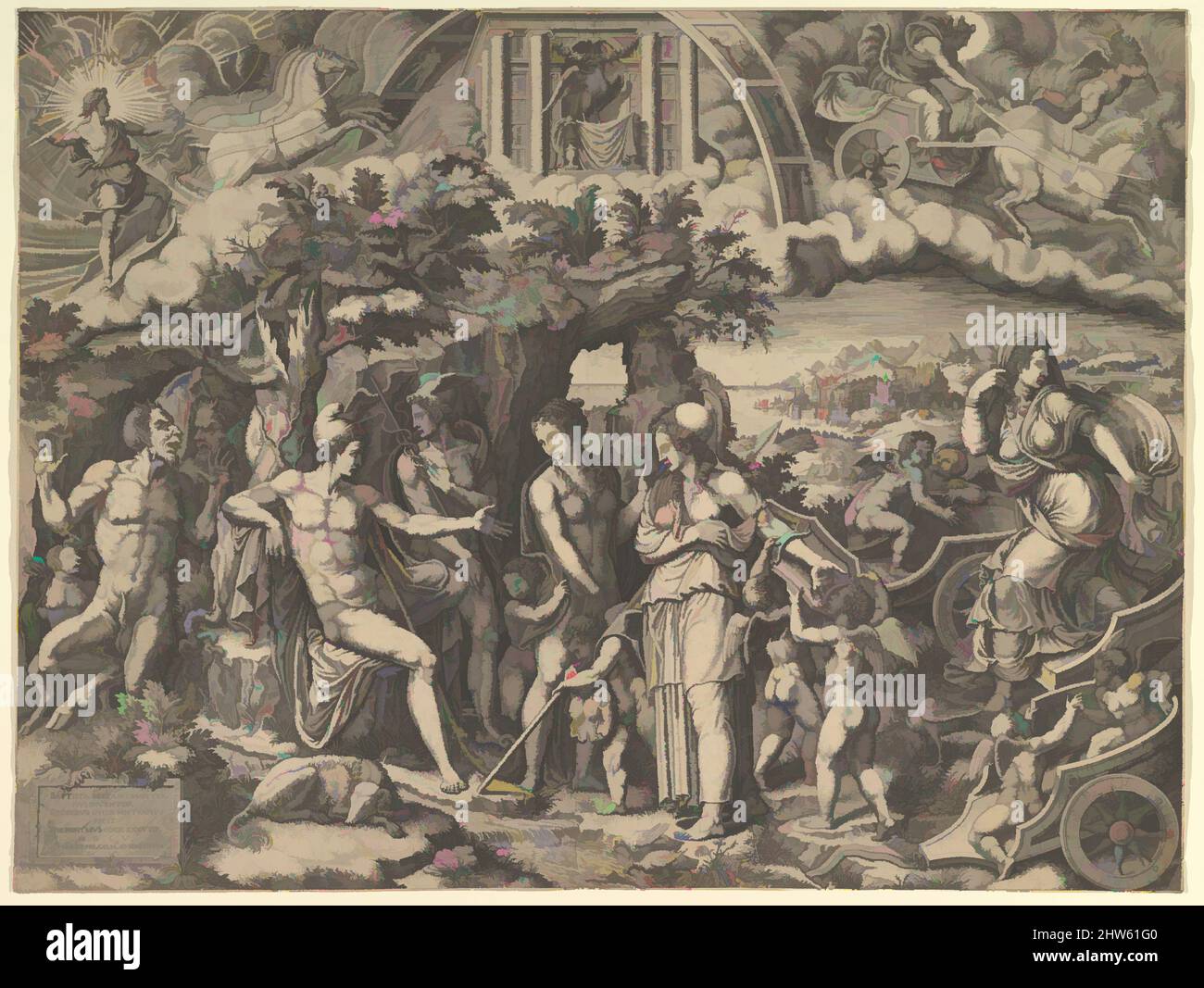 Arte ispirata dal Giudizio di Parigi; Parigi seduta su una roccia scelta tra le dee Venere, Giunone, e Minerva, il dio Mercurio con un caduceo in mezzo a loro, 1555, incisione, foglio: 16 x 21 1/4 pollici. (40,7 x 54 cm) platemark, stampe, incise da Giorgio Ghisi (italiano, Mantova, opere classiche modernizzate da Artotop con un tuffo di modernità. Forme, colore e valore, impatto visivo accattivante sulle emozioni artistiche attraverso la libertà delle opere d'arte in modo contemporaneo. Un messaggio senza tempo che persegue una nuova direzione selvaggiamente creativa. Artisti che si rivolgono al supporto digitale e creano l'NFT Artotop Foto Stock