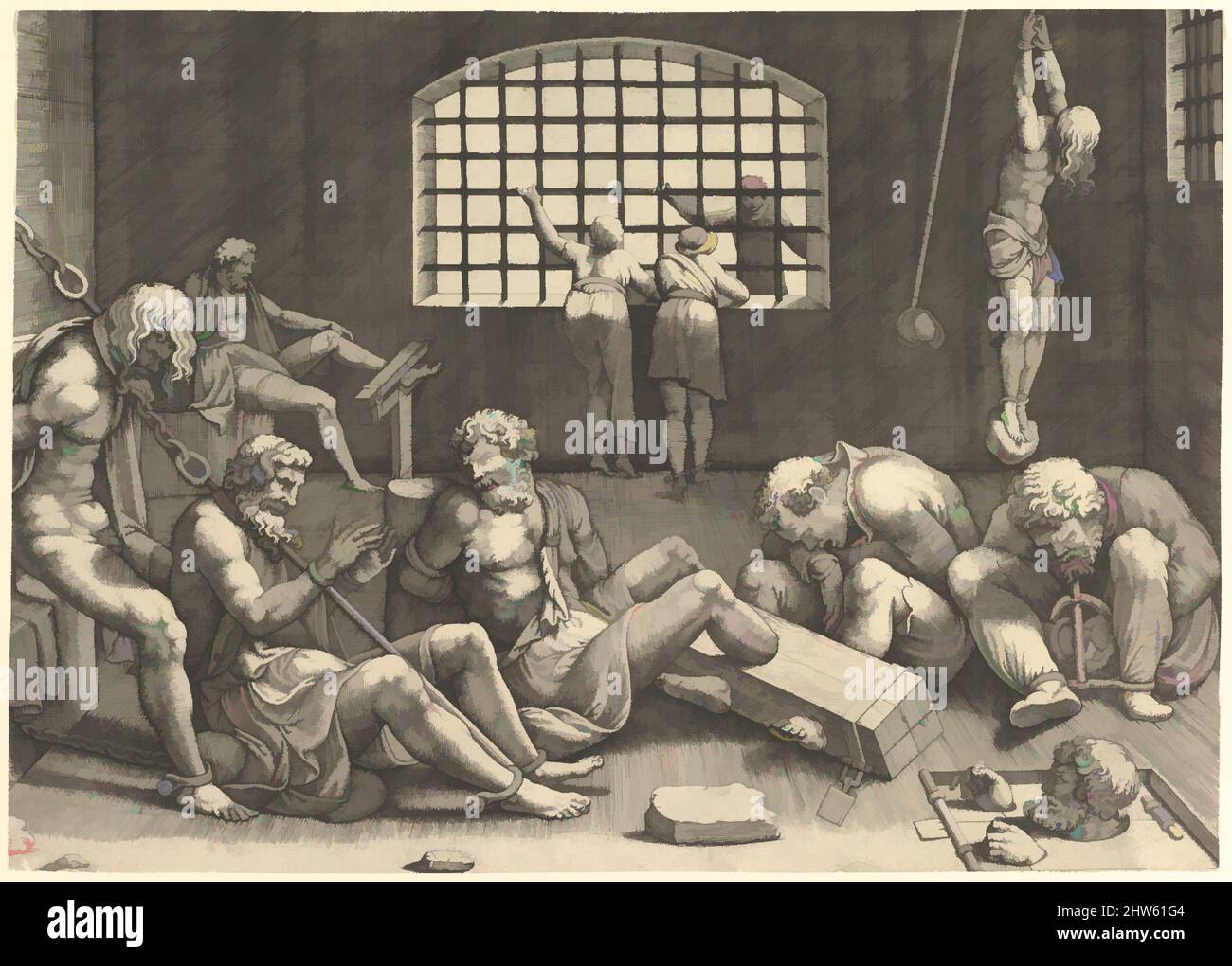 Arte ispirata alla prigione; un gruppo di uomini in una prigione legata a catene e maniglioni; a destra una figura appesa alle braccia, legata a un masso, n.d., incisione, piatto: 10 1/4 x 14 3/16 pollici. (26 x 36 cm) rifinito entro i limiti, stampe, Anonimo, dopo Giulio Romano (italiano, opere classiche modernizzate da Artotop con un tuffo di modernità. Forme, colore e valore, impatto visivo accattivante sulle emozioni artistiche attraverso la libertà delle opere d'arte in modo contemporaneo. Un messaggio senza tempo che persegue una nuova direzione selvaggiamente creativa. Artisti che si rivolgono al supporto digitale e creano l'NFT Artotop Foto Stock