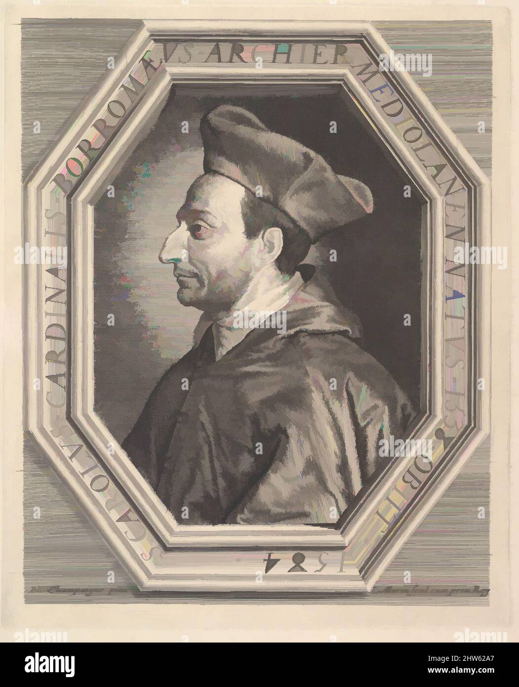 Arte ispirata a San Carlo Borromee, cardinale et archeveque de Milan, incisione, secondo stato, foglio: 12 11/16 x 10 1/2 pollici. (32,3 x 26,7 cm), stampe, Jean Morin (francese, Parigi ca. 1605–1650 Parigi), dopo Philippe de Champaigne (francese, Bruxelles 1602–1674 Parigi), opere classiche modernizzate da Artotop con un tocco di modernità. Forme, colore e valore, impatto visivo accattivante sulle emozioni artistiche attraverso la libertà delle opere d'arte in modo contemporaneo. Un messaggio senza tempo che persegue una nuova direzione selvaggiamente creativa. Artisti che si rivolgono al supporto digitale e creano l'NFT Artotop Foto Stock