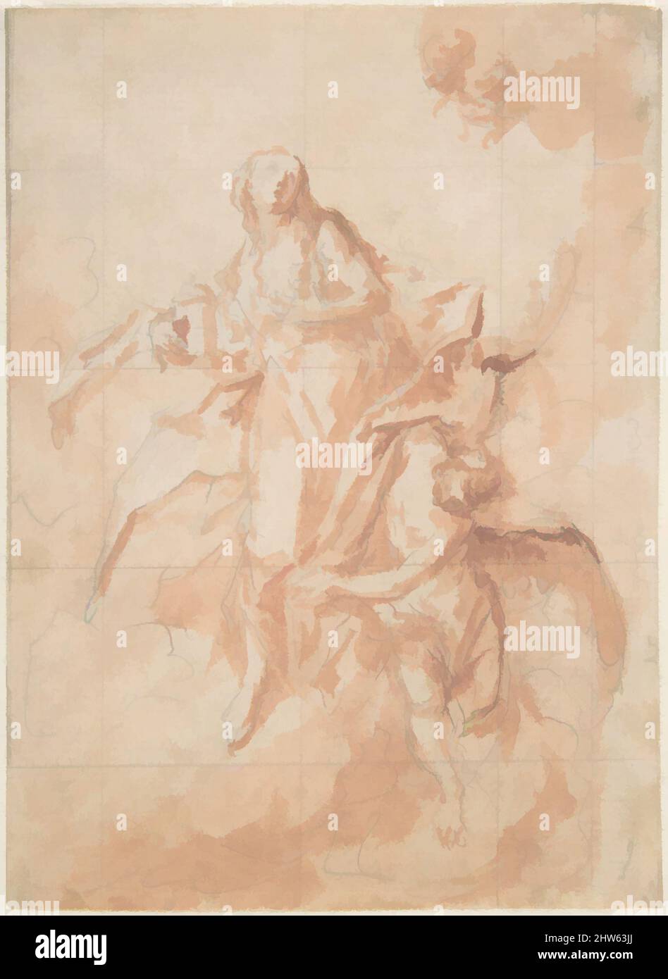 Arte ispirata all'Assunzione della Santa Maria Maddalena, 1700–1739, grafite e lavaggi rossi, foglio: 5 13/16 x 4 3/16 pollici. (14,8 x 10,7 cm), disegni, Cosmas Damian Asam (tedesco, Benediktbeuern 1686–1739 Monaco, opere classiche modernizzate da Artotop con un tocco di modernità. Forme, colore e valore, impatto visivo accattivante sulle emozioni artistiche attraverso la libertà delle opere d'arte in modo contemporaneo. Un messaggio senza tempo che persegue una nuova direzione selvaggiamente creativa. Artisti che si rivolgono al supporto digitale e creano l'NFT Artotop Foto Stock