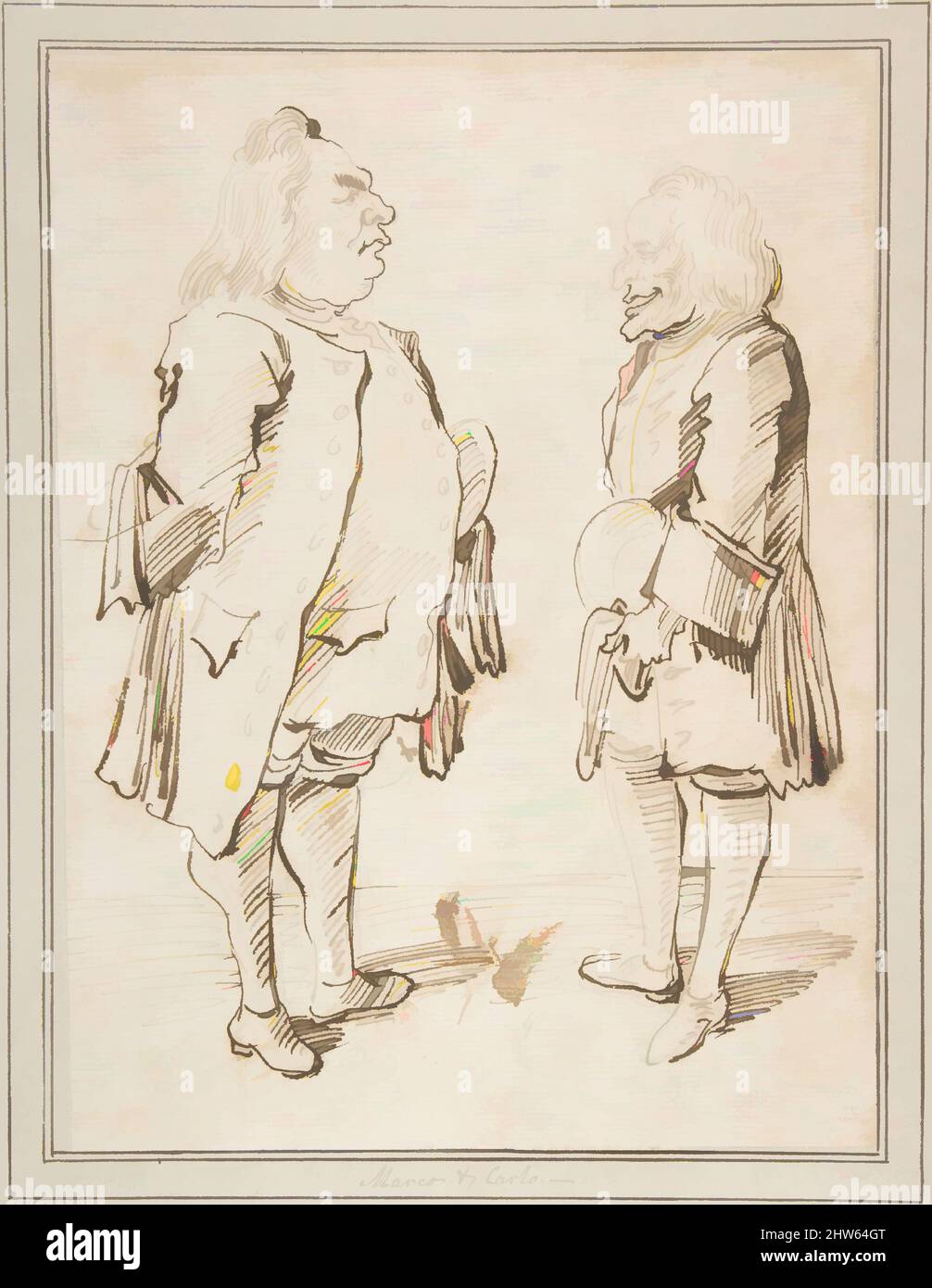 Arte ispirata a Marco e Carlo: Caricatura di due uomini in piedi faccia a faccia, 1674–1755, inchiostro Pen e marrone scuro, punto di contatto o grafite, foglio: 9 13/16 x 7 3/8 pollici. (25 x 18,8 cm), disegni, Pier Leone Ghezzi (Italia, Comunanza vicino Ascoli Piceno 1674–1755 Roma, opere classiche modernizzate da Artotop con un tuffo di modernità. Forme, colore e valore, impatto visivo accattivante sulle emozioni artistiche attraverso la libertà delle opere d'arte in modo contemporaneo. Un messaggio senza tempo che persegue una nuova direzione selvaggiamente creativa. Artisti che si rivolgono al supporto digitale e creano l'NFT Artotop Foto Stock