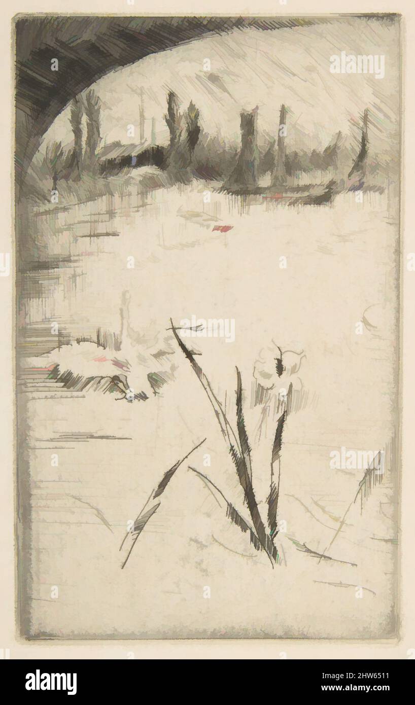 Art Inspired by Swan and Iris (Sketch After Cecil Lawson's 'swan and Iris'), 1883, etching e drypoint; quinto stato di sei (Glasgow); stampato in inchiostro nero su carta avorio di peso medio, piastra: 5 1/4 x 3 3/16" (13,3 x 8,1 cm), Prints, James McNeill Whistler (American, Lowell, Classic opere modernizzate da Artotop con un tuffo di modernità. Forme, colore e valore, impatto visivo accattivante sulle emozioni artistiche attraverso la libertà delle opere d'arte in modo contemporaneo. Un messaggio senza tempo che persegue una nuova direzione selvaggiamente creativa. Artisti che si rivolgono al supporto digitale e creano l'NFT Artotop Foto Stock