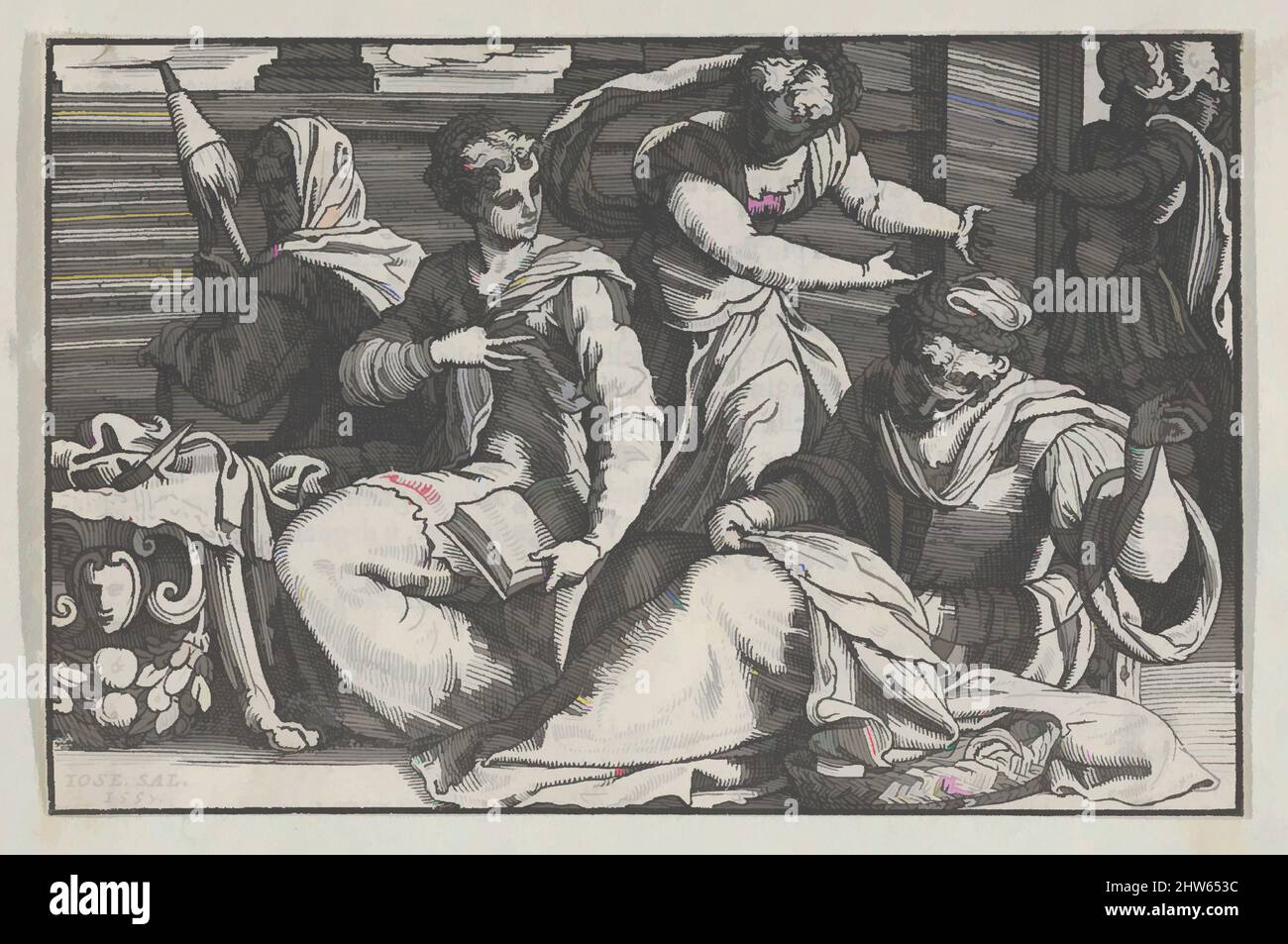 Arte ispirata da Lucrezia che istruisce le sue Figlie in Needlework, 1557, Woodcut (illustrazione), foglio: 3 11/16 x 5 9/16 in. (9,3 x 14,2 cm), stampe, Giuseppe Salviati (Giuseppe porta, detto il Salviati) (italiano, Castelnuovo di Garfagnana ca. 1520–ca. 1575 Venezia, opere classiche modernizzate da Artotop con un tocco di modernità. Forme, colore e valore, impatto visivo accattivante sulle emozioni artistiche attraverso la libertà delle opere d'arte in modo contemporaneo. Un messaggio senza tempo che persegue una nuova direzione selvaggiamente creativa. Artisti che si rivolgono al supporto digitale e creano l'NFT Artotop Foto Stock