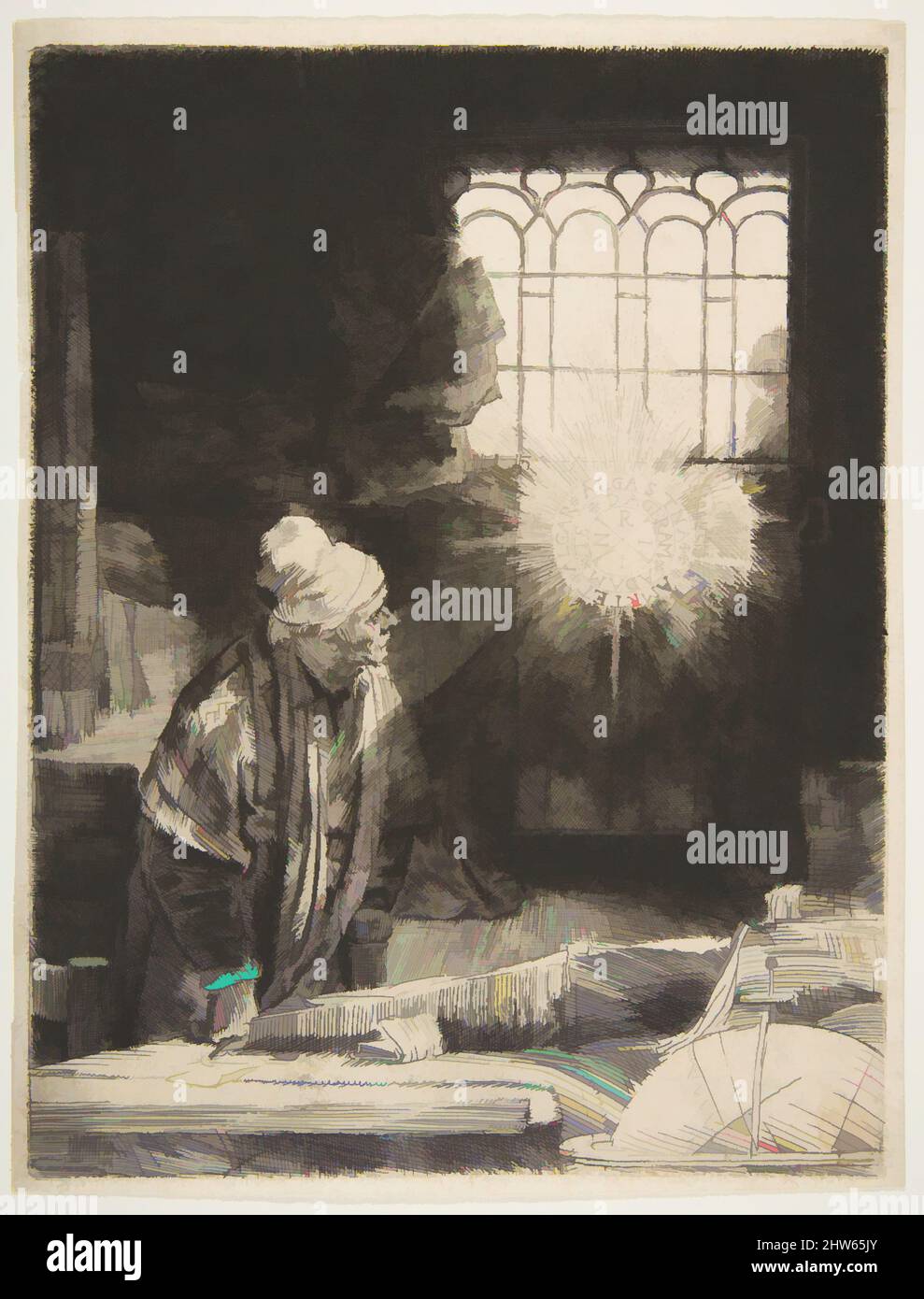 Arte ispirata Da uno Scholar nel suo studio ('Faust'), ca. 1652, incisione, punto secco e burina; terzo stato di tre, foglio: 8 9/16 x 6 9/16" (21,7 x 16,7 cm), Prints, Rembrandt (Rembrandt van Rijn) (olandese, Leiden 1606–1669 Amsterdam, opere classiche modernizzate da Artotop con un tocco di modernità. Forme, colore e valore, impatto visivo accattivante sulle emozioni artistiche attraverso la libertà delle opere d'arte in modo contemporaneo. Un messaggio senza tempo che persegue una nuova direzione selvaggiamente creativa. Artisti che si rivolgono al supporto digitale e creano l'NFT Artotop Foto Stock