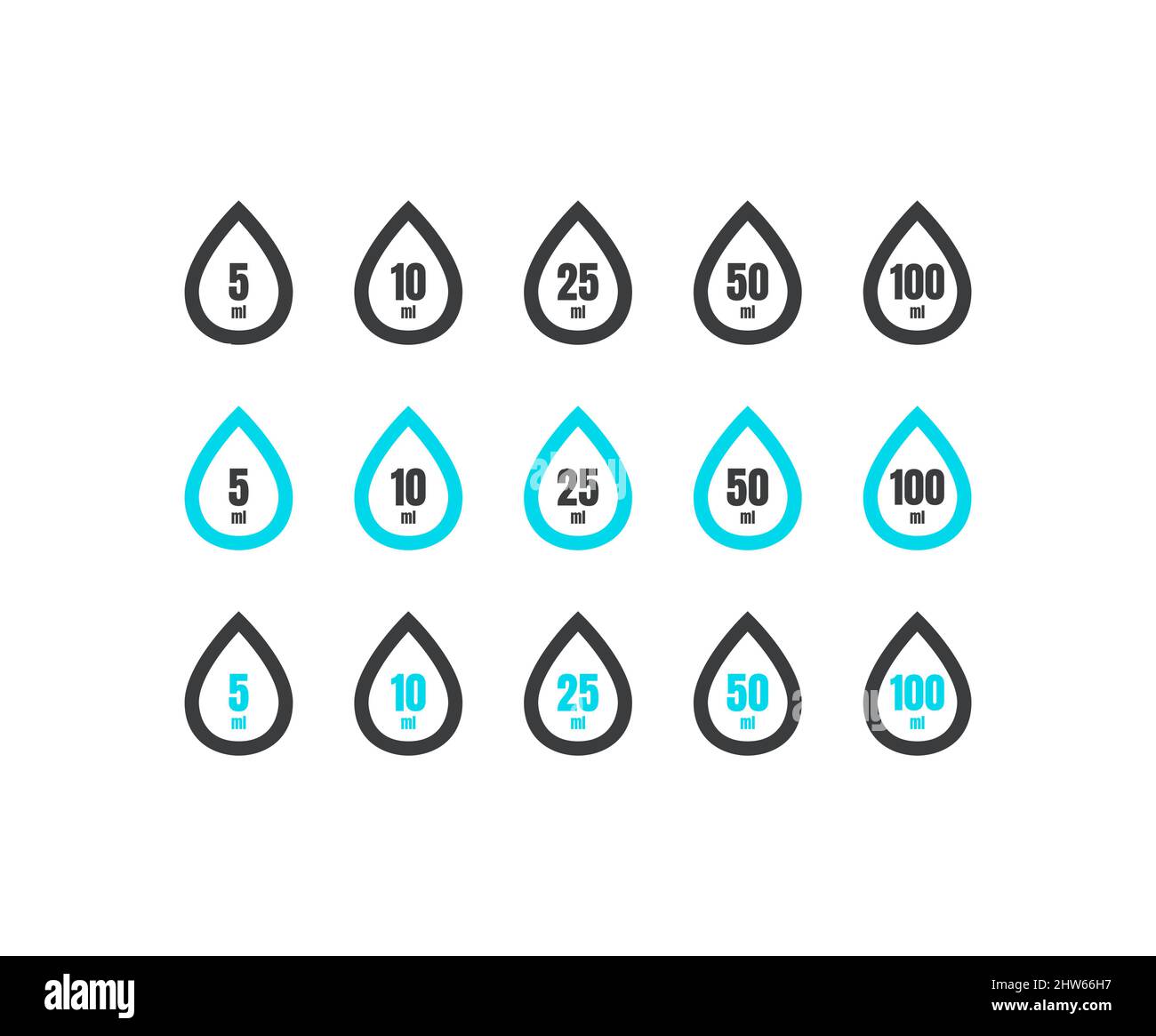 Acqua capacità liquido millilitri Colour Vector Icon Set Illustrazione Vettoriale