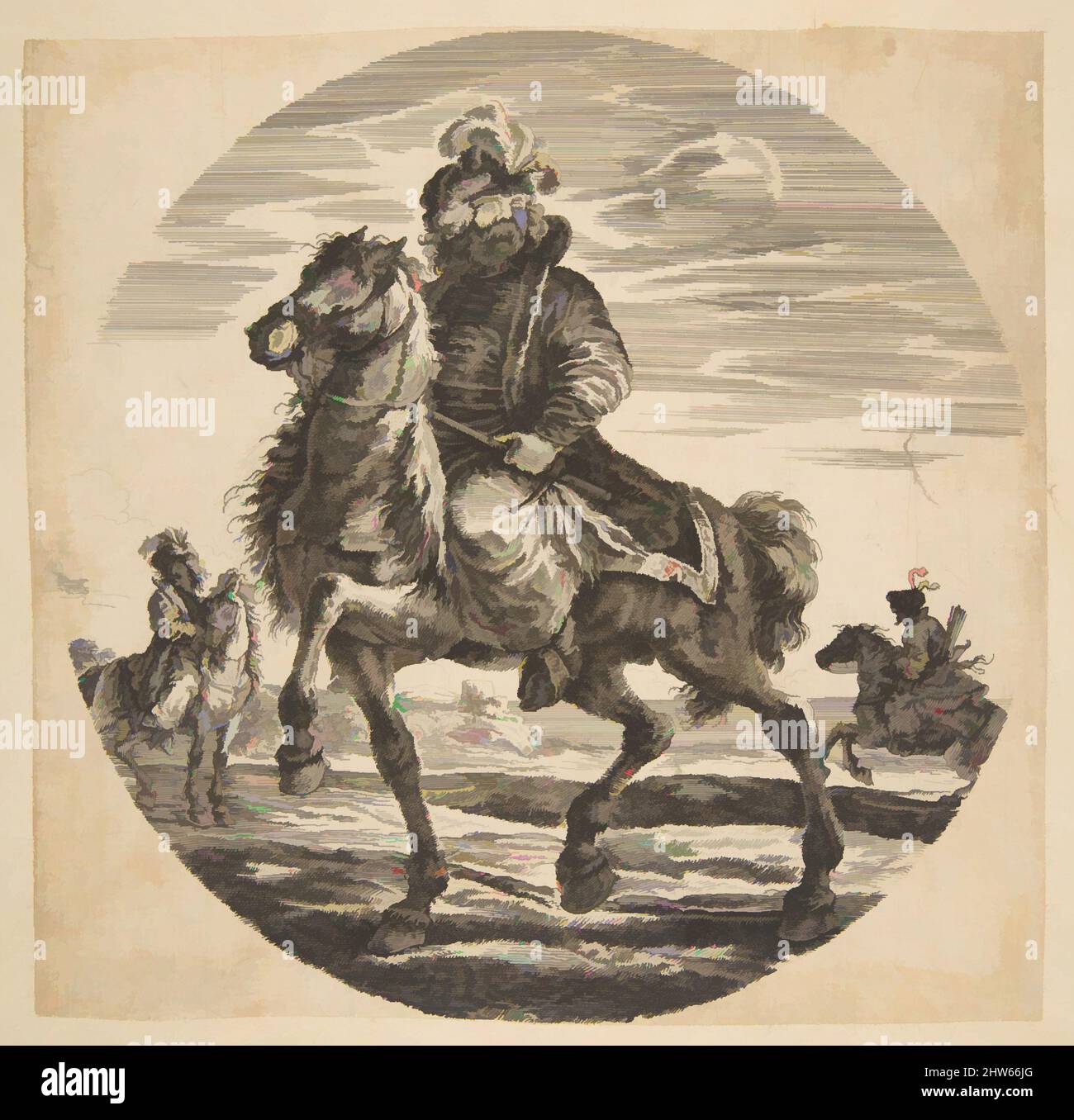 Arte ispirata al cavaliere ungherese che cavalcava verso sinistra, altri cavalieri sullo sfondo, una composizione circolare di 'Figures on Horseback' (Cavaliers nègres, polonais et hongrois), n.d., etching; copia inversa, Foglio: 6 11/16 x 6 3/4 pollici (17 x 17,2 cm), stampe, dopo Stefano della, opere classiche modernizzate da Artotop con un tuffo di modernità. Forme, colore e valore, impatto visivo accattivante sulle emozioni artistiche attraverso la libertà delle opere d'arte in modo contemporaneo. Un messaggio senza tempo che persegue una nuova direzione selvaggiamente creativa. Artisti che si rivolgono al supporto digitale e creano l'NFT Artotop Foto Stock