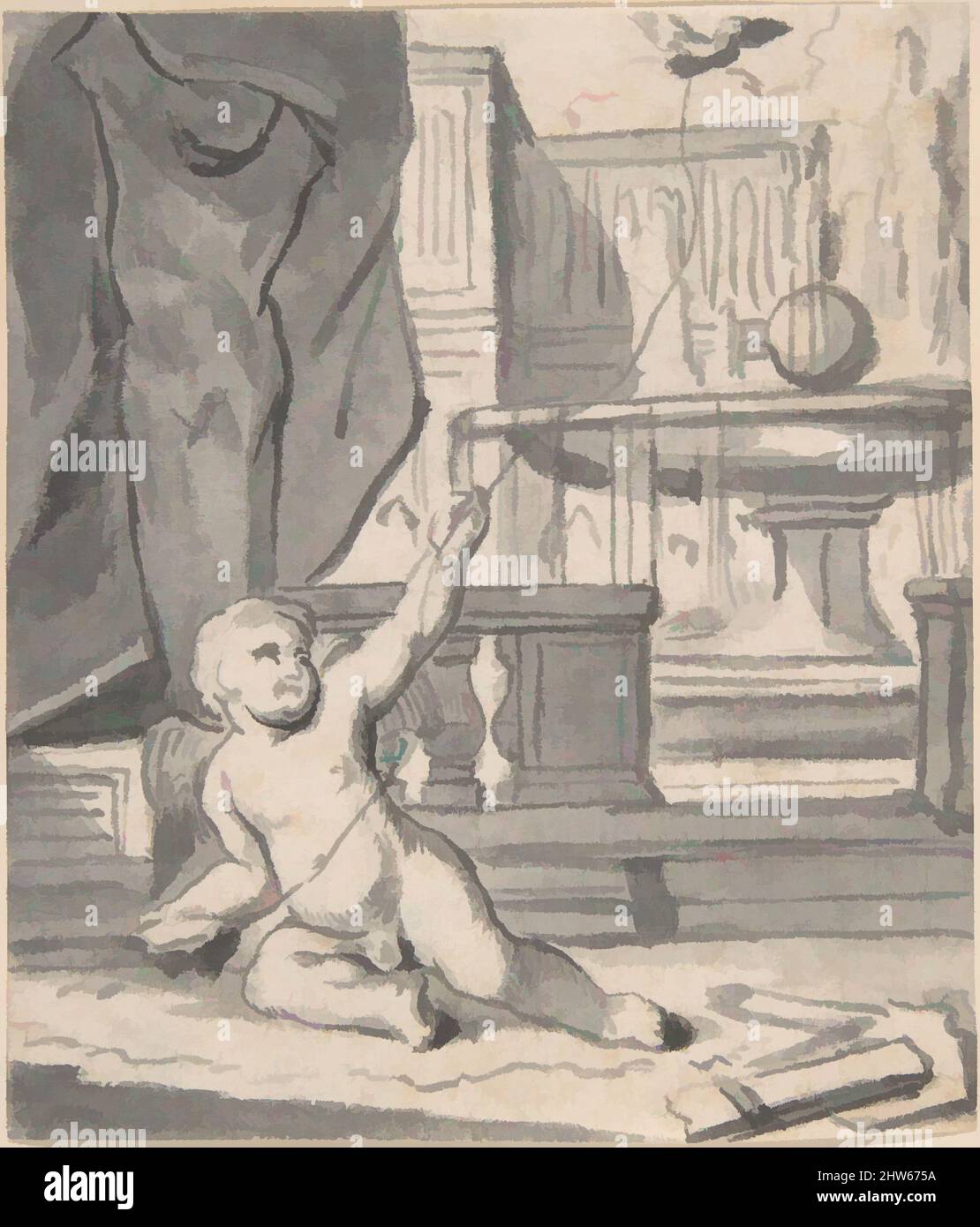 Arte ispirata a Cupido con un uccello su un filo, 17th–inizio 18th secolo, spazzola e lavaggio grigio, foglio: 3 9/16 x 3 1/16 pollici. (9 x 7,7 cm), disegni, Joseph Werner il giovane (Svizzera, Berna 1637–1710 Berna, opere classiche modernizzate da Artotop con un tuffo di modernità. Forme, colore e valore, impatto visivo accattivante sulle emozioni artistiche attraverso la libertà delle opere d'arte in modo contemporaneo. Un messaggio senza tempo che persegue una nuova direzione selvaggiamente creativa. Artisti che si rivolgono al supporto digitale e creano l'NFT Artotop Foto Stock