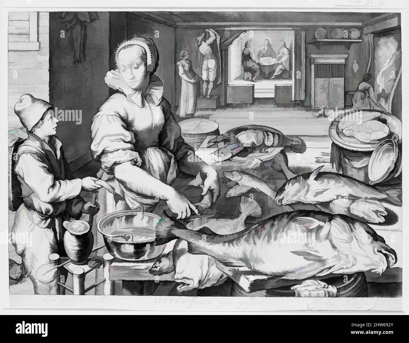 Arte ispirata dalla scena della cucina con la aiuto della cucina preparare il pesce, Cristo a Emmaus sullo sfondo, da scene della cucina e del mercato con scene bibliche sullo sfondo, ca. 1603, incisione, foglio: 9 1/2 x 12 5/8 poll. (24,2 x 32 cm), Prints, Jacob Matham (Netherlandish, Haarlem 1571–, opere classiche modernizzate da Artotop con un tocco di modernità. Forme, colore e valore, impatto visivo accattivante sulle emozioni artistiche attraverso la libertà delle opere d'arte in modo contemporaneo. Un messaggio senza tempo che persegue una nuova direzione selvaggiamente creativa. Artisti che si rivolgono al supporto digitale e creano l'NFT Artotop Foto Stock