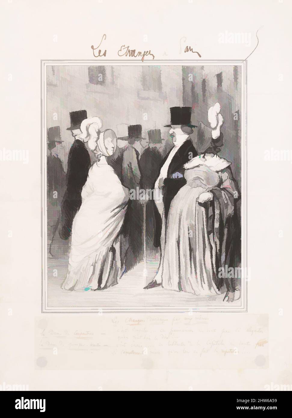 Arte ispirata a Les Etrangers à Paris: Les Etrangers dévisagés par eux mêmes, 1844, litografia su carta ovata con iscrizioni a penna e inchiostro marrone; didascalia a penna e inchiostro marrone su un foglio separato incollato sotto la stampa, foglio: 14 1/8 x 10 7/16 pollici. (35,8 x 26,5 cm), stampe, Honoré, opere classiche modernizzate da Artotop con un tuffo di modernità. Forme, colore e valore, impatto visivo accattivante sulle emozioni artistiche attraverso la libertà delle opere d'arte in modo contemporaneo. Un messaggio senza tempo che persegue una nuova direzione selvaggiamente creativa. Artisti che si rivolgono al supporto digitale e creano l'NFT Artotop Foto Stock