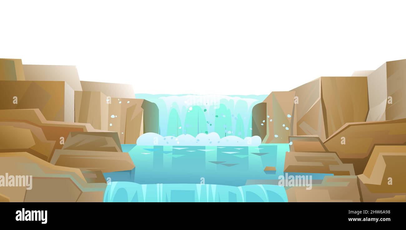 Cascata tra le rocce. La cascata fruscii verso il basso. Flusso d'acqua. Caduta a gradini. Stile cartoon cool. Oggetto isolato su sfondo bianco. Vettore. Illustrazione Vettoriale