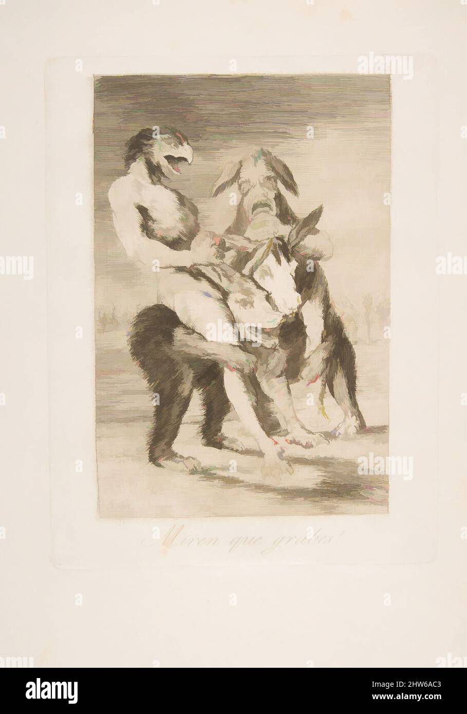 Arte ispirata al piatto 63 di 'Los Caprichos': Guarda quanto sono solenni! (MIREN que grabes!), 1799, acquaforte, acquatinta e punto secco, piastra: 8 5/16 x 6 5/16 poll. (21,1 x 16,1 cm), Prints, Goya (Francisco de Goya y Lucientes) (spagnolo, Fuendetodos 1746–1828 Bordeaux, opere classiche modernizzate da Artotop con un tuffo di modernità. Forme, colore e valore, impatto visivo accattivante sulle emozioni artistiche attraverso la libertà delle opere d'arte in modo contemporaneo. Un messaggio senza tempo che persegue una nuova direzione selvaggiamente creativa. Artisti che si rivolgono al supporto digitale e creano l'NFT Artotop Foto Stock