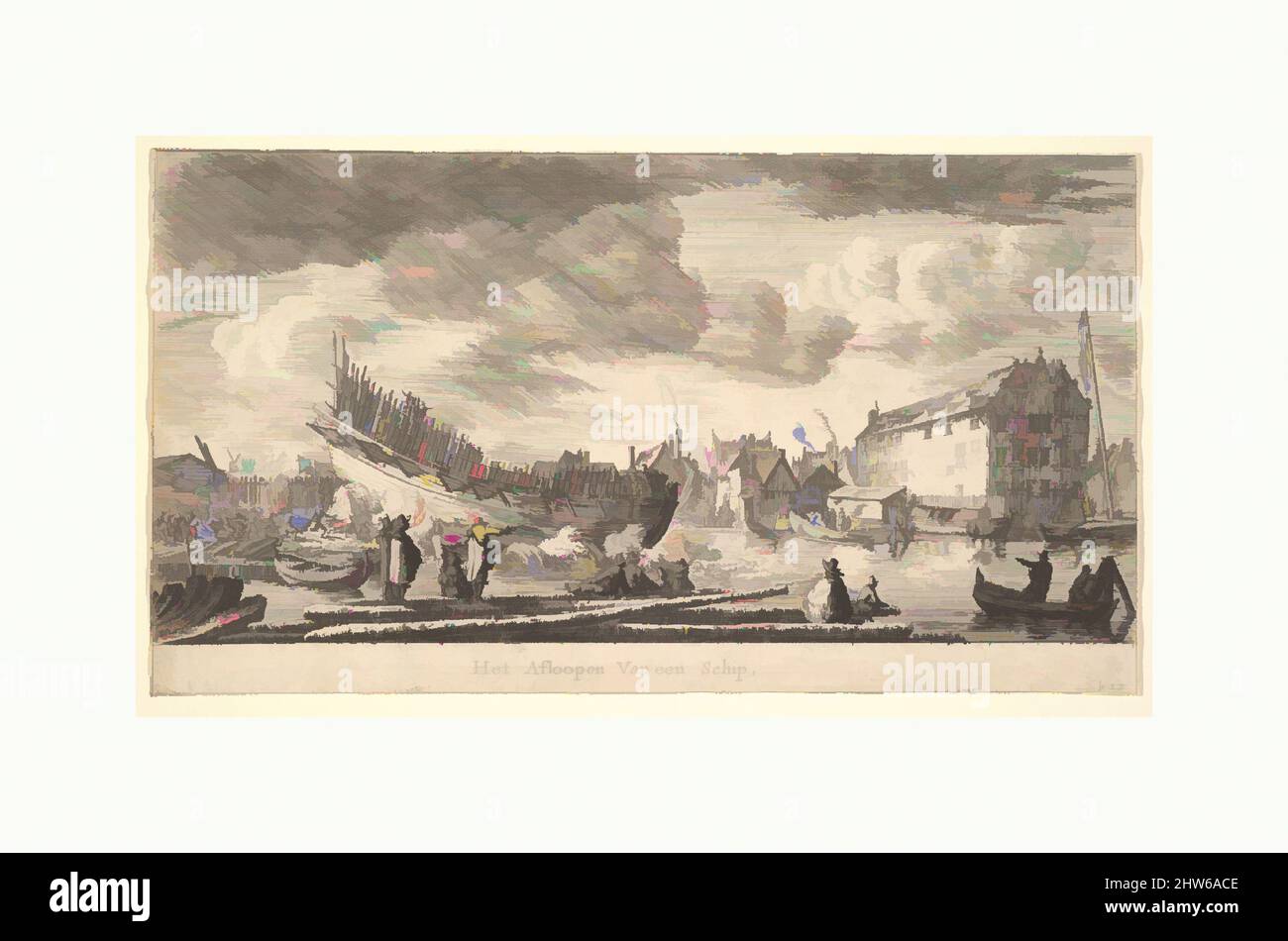 Arte ispirata dal lancio di una nave, 17th secolo, incisione e punto di secco; stato II, foglio: 5 3/8 x 9 3/4 pollici (13,7 x 24,8 cm), stampe, Reinier Nooms, chiamato Zeeman (olandese, Amsterdam ca. 1623–1664 Amsterdam, opere classiche modernizzate da Artotop con un tocco di modernità. Forme, colore e valore, impatto visivo accattivante sulle emozioni artistiche attraverso la libertà delle opere d'arte in modo contemporaneo. Un messaggio senza tempo che persegue una nuova direzione selvaggiamente creativa. Artisti che si rivolgono al supporto digitale e creano l'NFT Artotop Foto Stock