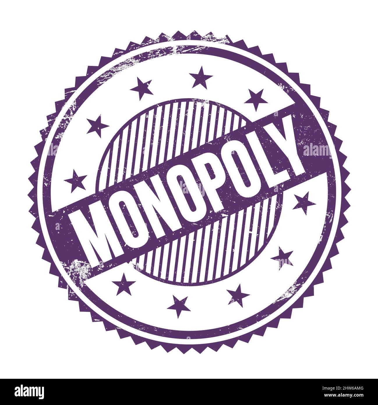 TESTO DI MONOPOLIO scritto su viola indaco grungy zig zag confini tondo timbro. Foto Stock
