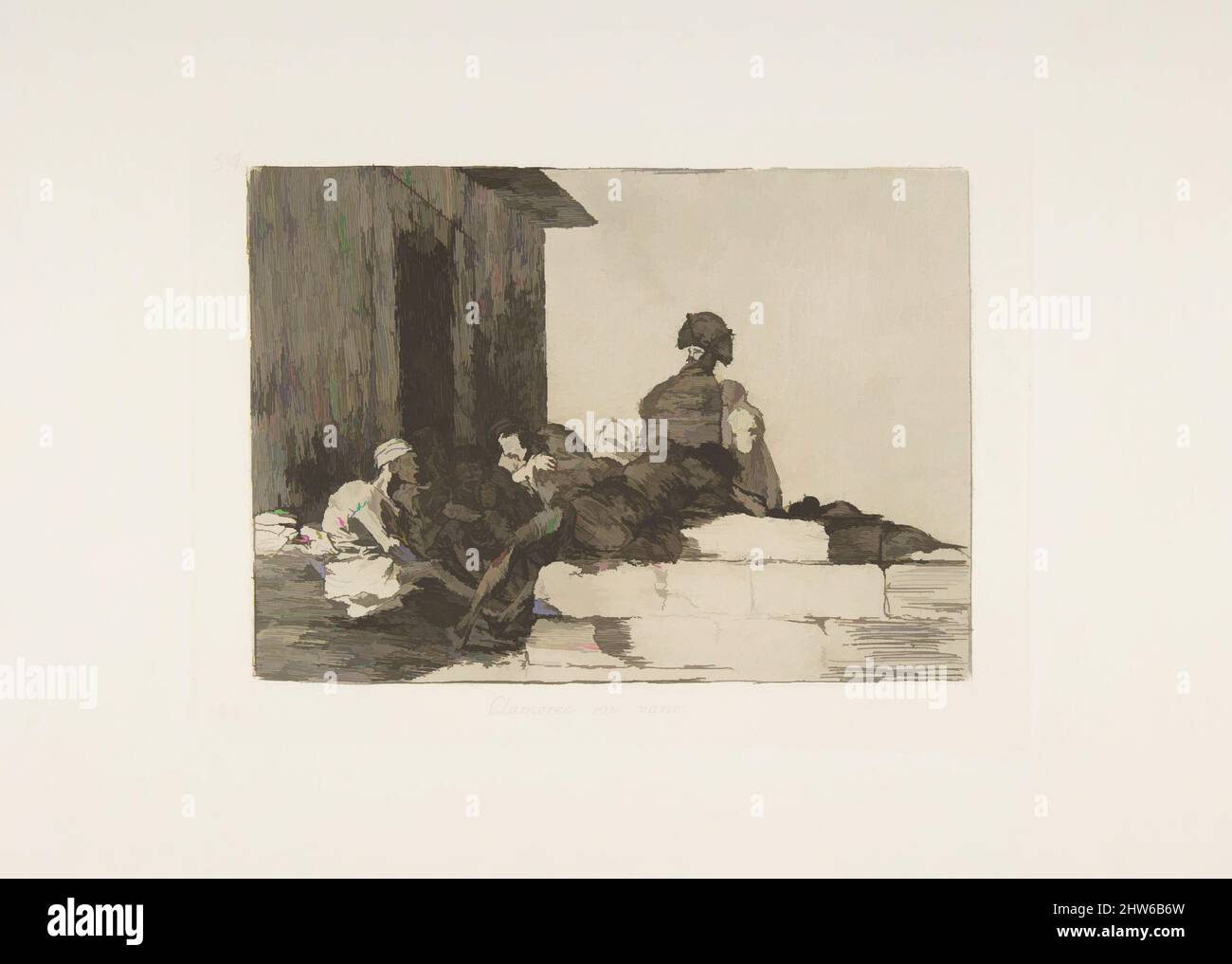 Arte ispirata dal piatto 54 da 'i disastri della guerra' (Los Desastres de la Guerra): 'Appelli sono invano' (Clamores en vano), 1811–12 (pubblicato nel 1863), incisione, lavis, burin, E lucidatrice, piastra: 6 poll. x 8 1/16 poll. (15,2 x 20,5 cm), Prints, Goya (Francisco de Goya y Lucientes) (spagnolo, opere classiche modernizzate da Artotop con un tuffo di modernità. Forme, colore e valore, impatto visivo accattivante sulle emozioni artistiche attraverso la libertà delle opere d'arte in modo contemporaneo. Un messaggio senza tempo che persegue una nuova direzione selvaggiamente creativa. Artisti che si rivolgono al supporto digitale e creano l'NFT Artotop Foto Stock
