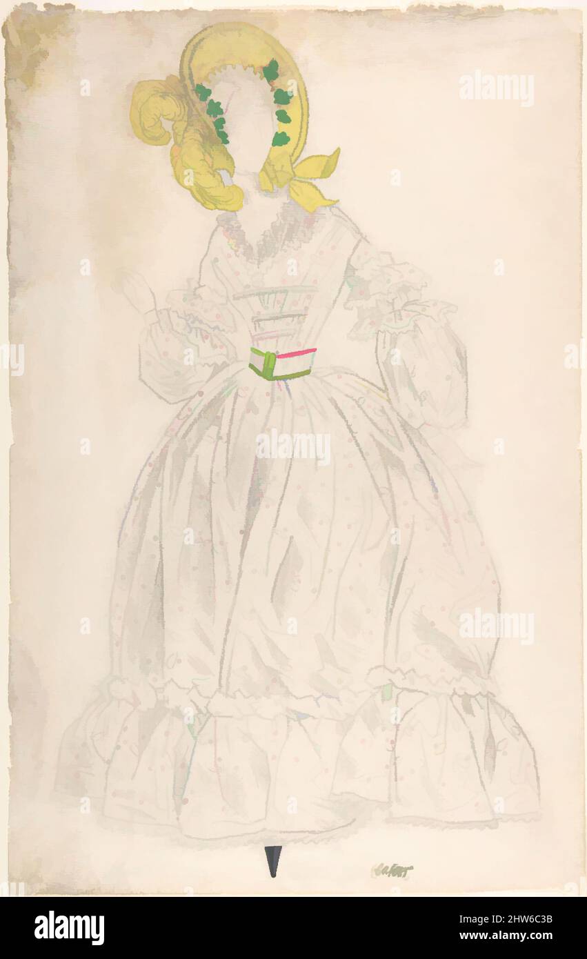 Arte ispirata alla donna che indossa un abito giallo con cofano e pallino, n.d., grafite, pennello, acquerello e bodycolor, foglio: 17 5/8 x 10 3/8 poll. (44,7 x 26,4 cm), disegni, Léon Bakst (russo, Grodno 1866–1924 Parigi, opere classiche modernizzate da Artotop con un tuffo di modernità. Forme, colore e valore, impatto visivo accattivante sulle emozioni artistiche attraverso la libertà delle opere d'arte in modo contemporaneo. Un messaggio senza tempo che persegue una nuova direzione selvaggiamente creativa. Artisti che si rivolgono al supporto digitale e creano l'NFT Artotop Foto Stock