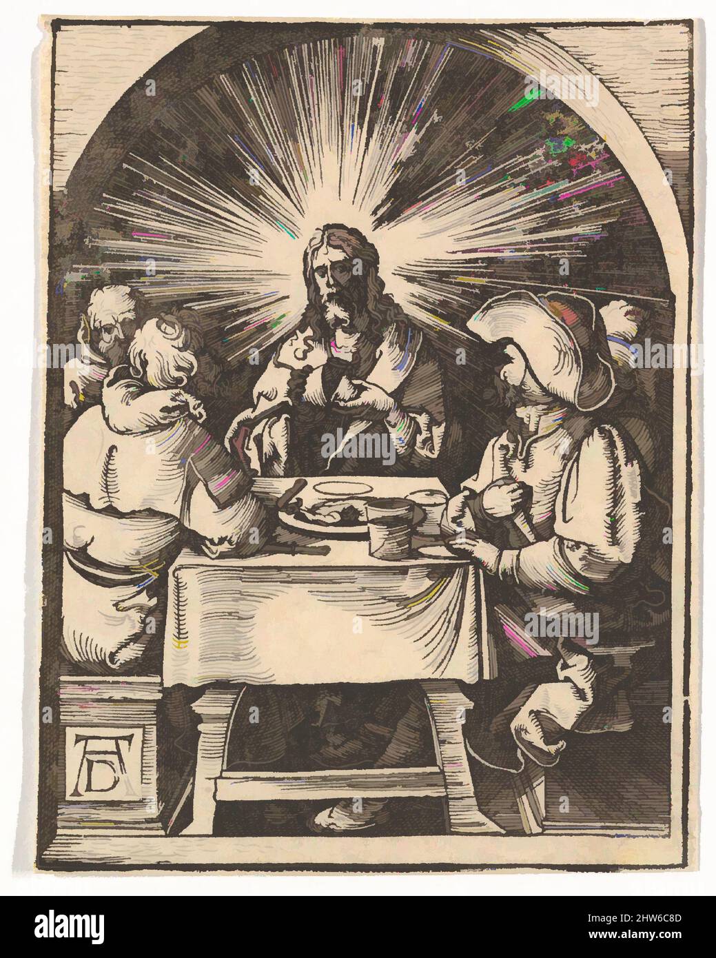 Arte ispirata da Cristo in Emmaus, dalla piccola Passione (copia), n.d., legno, 5 1/8 x 3 7/8 pollici (13 x 9,8 cm), stampe, dopo Albrecht Dürer (tedesco, Norimberga 1471–1528 Norimberga), Johann Mommard, opere classiche modernizzate da Artotop con un tuffo di modernità. Forme, colore e valore, impatto visivo accattivante sulle emozioni artistiche attraverso la libertà delle opere d'arte in modo contemporaneo. Un messaggio senza tempo che persegue una nuova direzione selvaggiamente creativa. Artisti che si rivolgono al supporto digitale e creano l'NFT Artotop Foto Stock