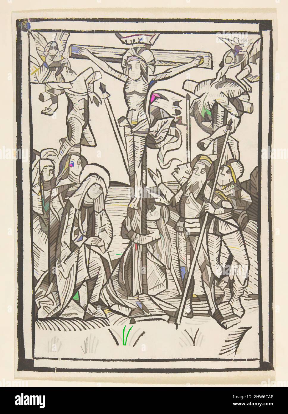 Arte ispirata alla Crocifissione (Schr. 486), 15th secolo, legno, foglio: 4 13/16 x 3 1/2 pollici (12,3 x 8,9 cm), stampe, Anonimo, tedesco, 15th secolo, Opere classiche modernizzate da Artotop con un tocco di modernità. Forme, colore e valore, impatto visivo accattivante sulle emozioni artistiche attraverso la libertà delle opere d'arte in modo contemporaneo. Un messaggio senza tempo che persegue una nuova direzione selvaggiamente creativa. Artisti che si rivolgono al supporto digitale e creano l'NFT Artotop Foto Stock