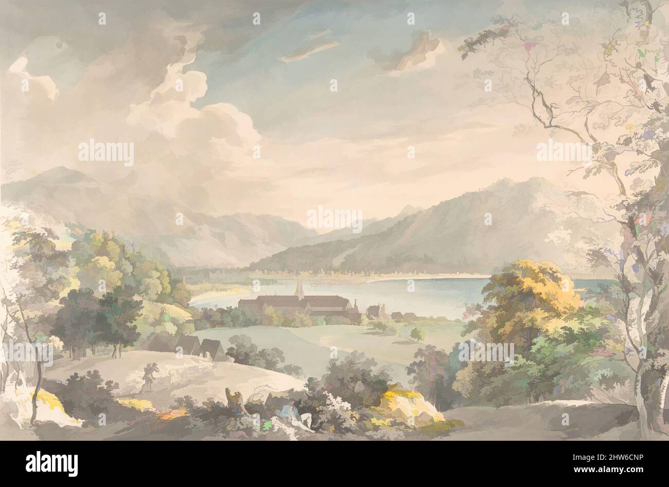 Arte ispirata alla vista del monastero di Tegernsee vista da nord-est, fine 18th-metà 19th secolo, penna e inchiostro nero, grigio e blu lavaggio, acquerello, su grafite, foglio: 11 1/8 x 16 13/16 pollici. (28,3 x 42,7 cm), disegni, Johann Georg von Dillis (tedesco, Grüngiebing 1759–1841, opere classiche modernizzate da Artotop con un tocco di modernità. Forme, colore e valore, impatto visivo accattivante sulle emozioni artistiche attraverso la libertà delle opere d'arte in modo contemporaneo. Un messaggio senza tempo che persegue una nuova direzione selvaggiamente creativa. Artisti che si rivolgono al supporto digitale e creano l'NFT Artotop Foto Stock