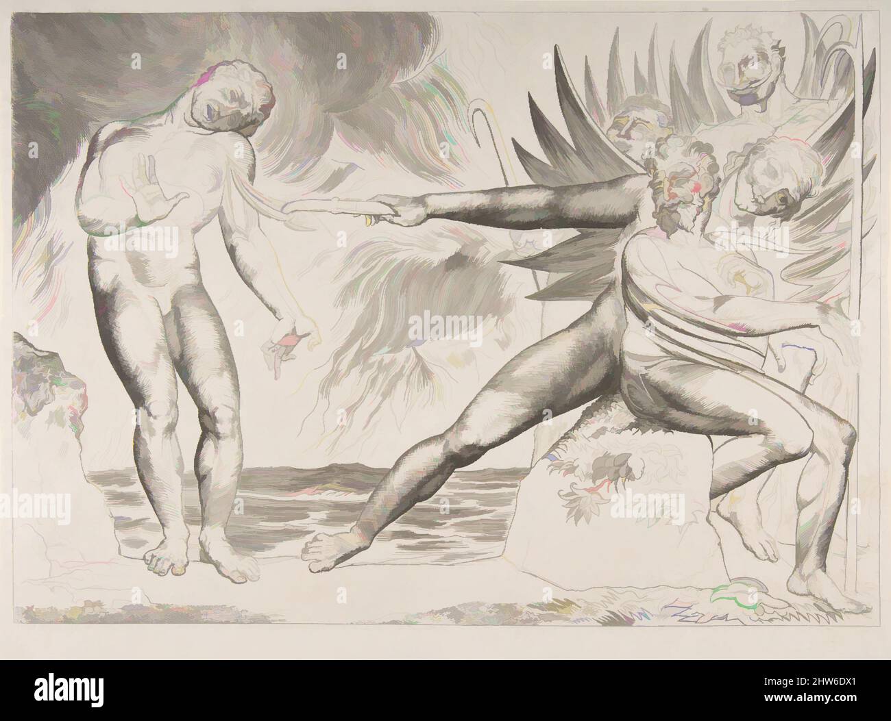 Arte ispirata dal Circolo dei corrotti ufficiali: I diavoli che tormentano Ciampolo, da Inferno di Dante, canto XXII, ca. 1825–27, incisione, piastra: 9 3/8 x 13 1/4 poll. (23,8 x 33,7 cm), Prints, William Blake (British, Londra 1757–1827 Londra, opere classiche modernizzate da Artotop con un tuffo di modernità. Forme, colore e valore, impatto visivo accattivante sulle emozioni artistiche attraverso la libertà delle opere d'arte in modo contemporaneo. Un messaggio senza tempo che persegue una nuova direzione selvaggiamente creativa. Artisti che si rivolgono al supporto digitale e creano l'NFT Artotop Foto Stock