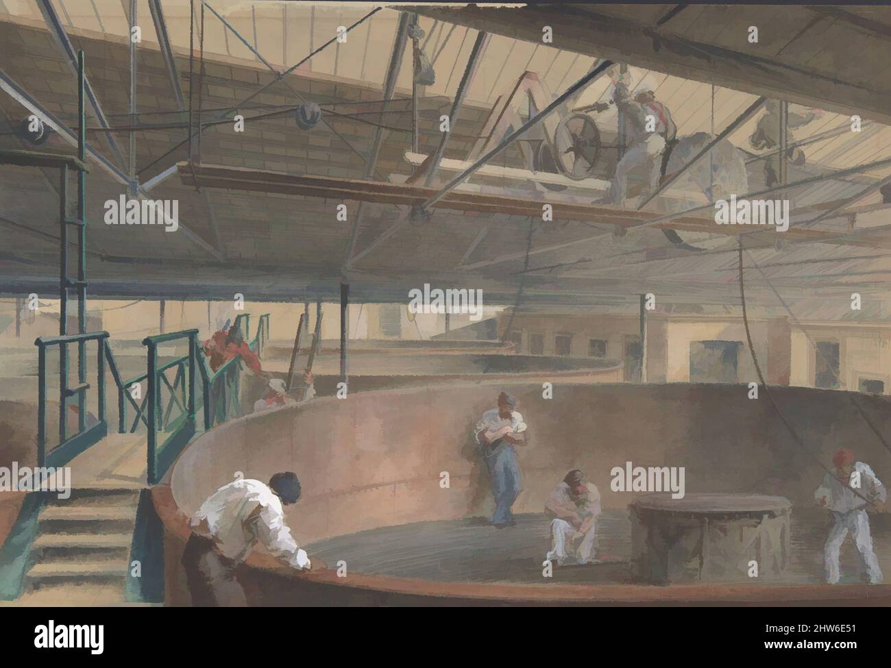 Arte ispirata da avvolgimento del cavo nei grandi serbatoi presso i lavori della Telegraph Construction and Maintenance Company di Greenwich, 1865, 1865, acquerello su grafite con tocchi di gouache, foglio: 7 3/16 x 10 1/2 pollici. (18,2 x 26,6 cm), disegni, Robert Charles Dudley (britannico, opere classiche modernizzate da Artotop con un tuffo di modernità. Forme, colore e valore, impatto visivo accattivante sulle emozioni artistiche attraverso la libertà delle opere d'arte in modo contemporaneo. Un messaggio senza tempo che persegue una nuova direzione selvaggiamente creativa. Artisti che si rivolgono al supporto digitale e creano l'NFT Artotop Foto Stock