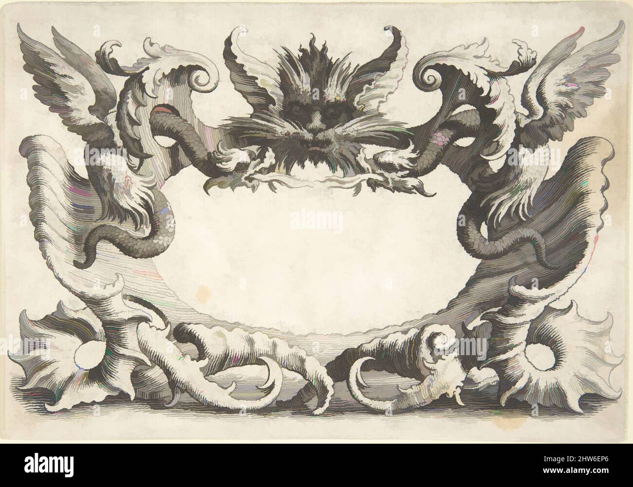 Art Inspired by Design for ornental cartouche, n.d., incisione, foglio: 4 11/16 x 6 5/8 poll. (11,9 x 16,9 cm), stampe, dopo Quentin Pierre Chedel (francese, Châlons-en-Champagne 1705–1763 Châlons-en-Champagne, opere classiche modernizzate da Artotop con un tuffo di modernità. Forme, colore e valore, impatto visivo accattivante sulle emozioni artistiche attraverso la libertà delle opere d'arte in modo contemporaneo. Un messaggio senza tempo che persegue una nuova direzione selvaggiamente creativa. Artisti che si rivolgono al supporto digitale e creano l'NFT Artotop Foto Stock