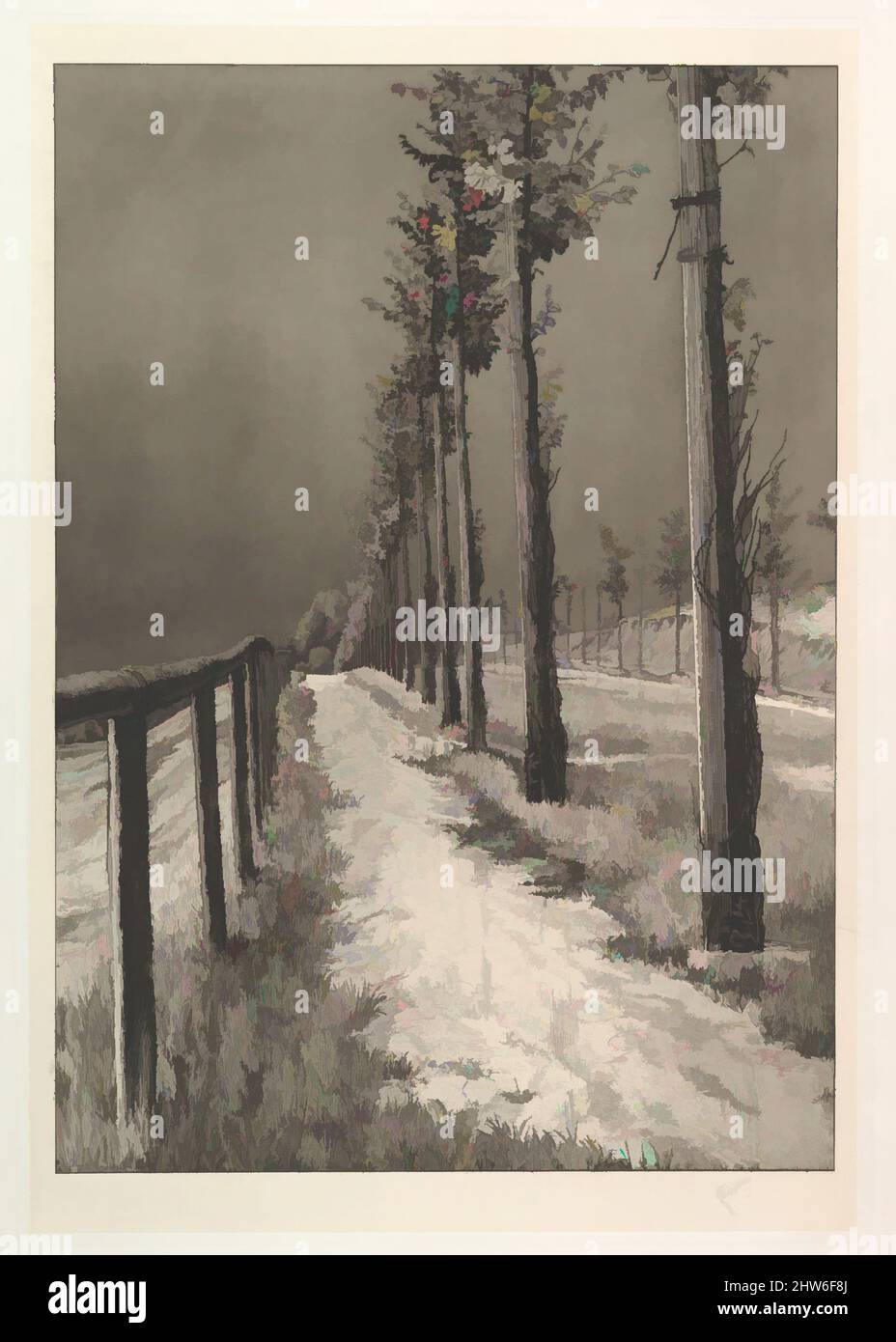 Art Inspired by Die Chaussee, della serie Vier Landschaften, n.d., plate: 20 7/16 x 14 1/16 poll. (51,9 x 35,7 cm), stampe, Max Klinger (tedesco, Lipsia 1857–1920 Großjena, opere classiche modernizzate da Artotop con un tuffo di modernità. Forme, colore e valore, impatto visivo accattivante sulle emozioni artistiche attraverso la libertà delle opere d'arte in modo contemporaneo. Un messaggio senza tempo che persegue una nuova direzione selvaggiamente creativa. Artisti che si rivolgono al supporto digitale e creano l'NFT Artotop Foto Stock