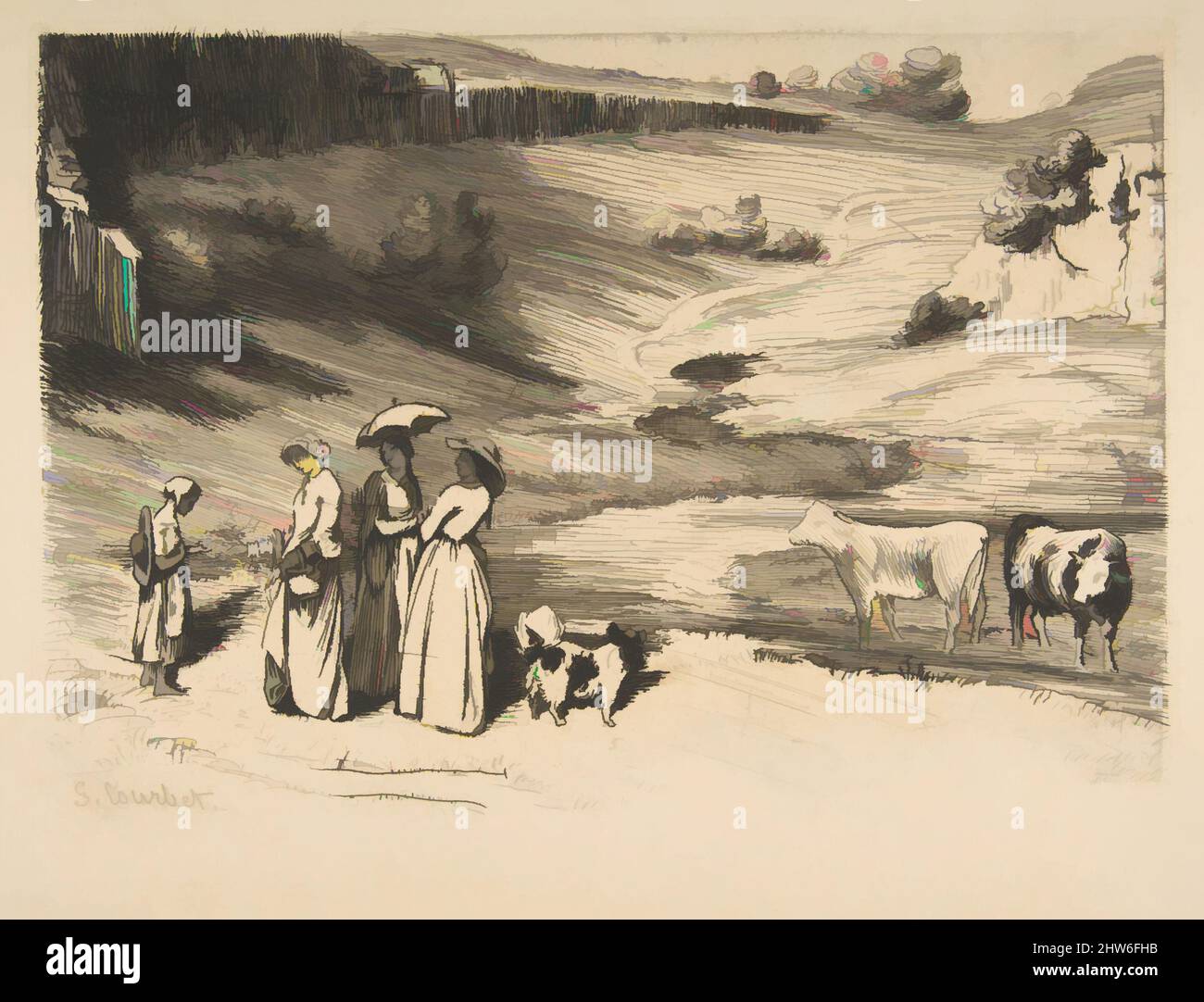 Arte ispirata a Les Demoiselles de Village, dopo Courbet, 1850–1914, incisione su carta deposta; terzo e ultimo stato, foglio: 11 7/16 x 14 3/4 pollici. (29 x 37,5 cm), stampe, Félix Bracquemond (francese, Parigi 1833–1914 Sèvres), dopo Gustave Courbet (francese, Ornans 1819–1877 la Tour-de-Peilz, opere classiche modernizzate da Artotop con un tuffo di modernità. Forme, colore e valore, impatto visivo accattivante sulle emozioni artistiche attraverso la libertà delle opere d'arte in modo contemporaneo. Un messaggio senza tempo che persegue una nuova direzione selvaggiamente creativa. Artisti che si rivolgono al supporto digitale e creano l'NFT Artotop Foto Stock