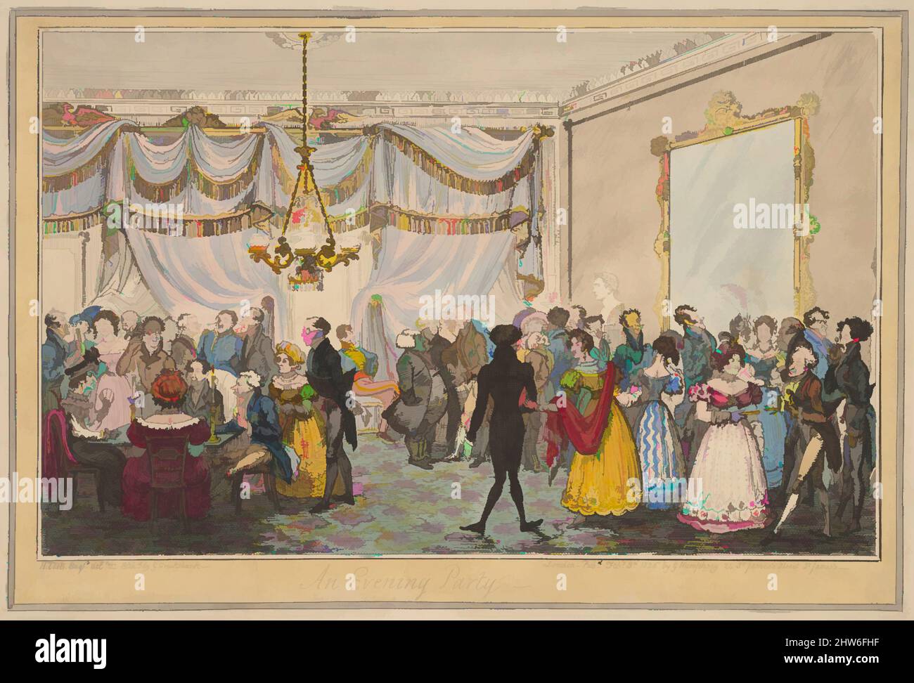 Art Inspired by a Evening Party, 3 febbraio 1826, incisione e incisione colorate a mano, Image: 8 1/8 x 12 in. (20,6 x 30,5 cm), Prints, George Cruikshank (British, London 1792–1878 London), dopo H.T.D.B. (British, 19th secolo, opere classiche modernizzate da Artotop con un tuffo di modernità. Forme, colore e valore, impatto visivo accattivante sulle emozioni artistiche attraverso la libertà delle opere d'arte in modo contemporaneo. Un messaggio senza tempo che persegue una nuova direzione selvaggiamente creativa. Artisti che si rivolgono al supporto digitale e creano l'NFT Artotop Foto Stock