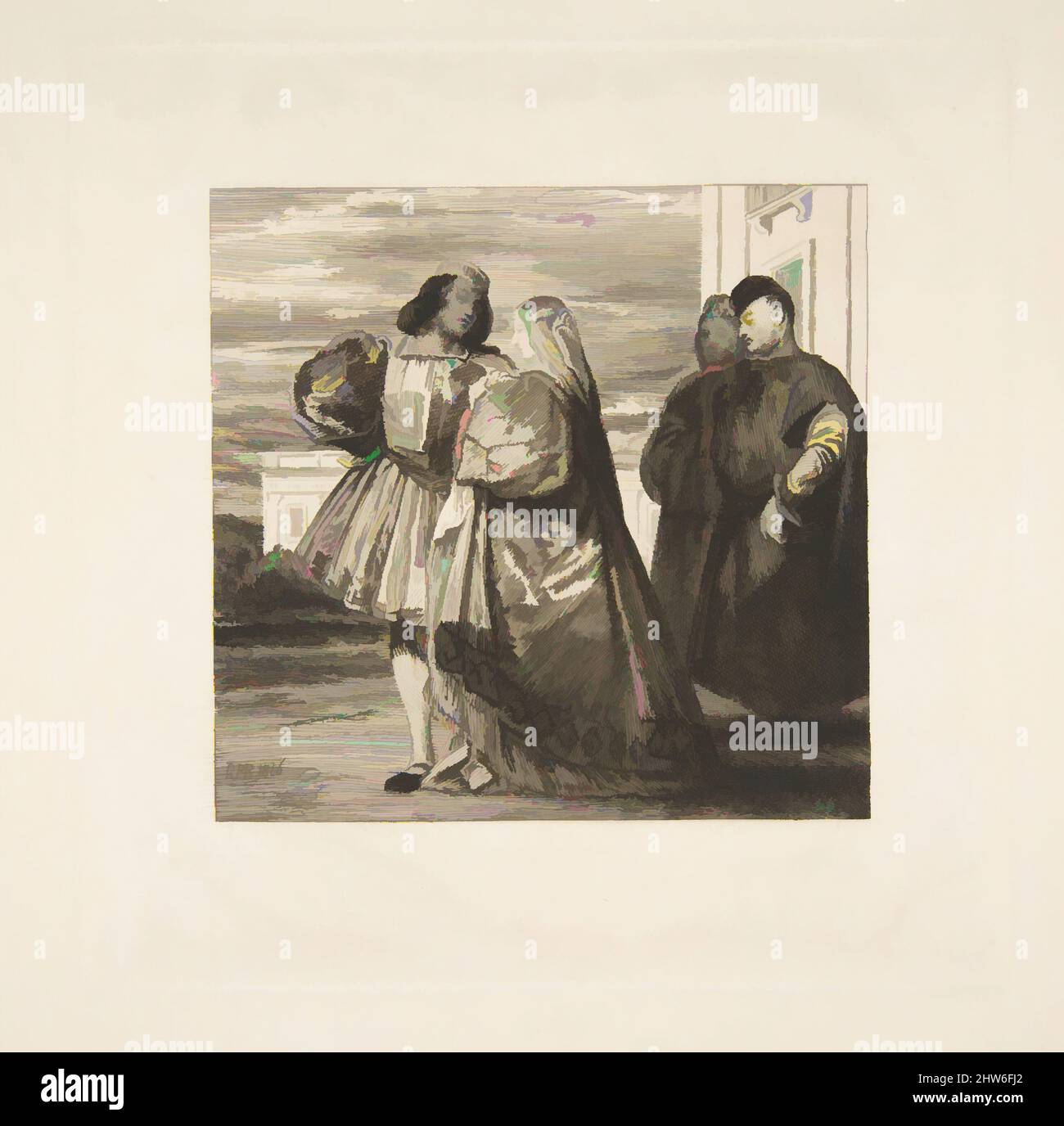 Arte ispirata a Promenade vénienne (Promenade Venetian), 1863, incisione su carta, foglio: 14 9/16 x 11 pollici. (37 x 28 cm), stampe, Félix Bracquemond (francese, Parigi 1833–1914 Sèvres), dopo Richard Parkes Bonington (britannico, Arnold, Nottinghamshire 1802–1828 Londra, opere classiche modernizzate da Artotop con un tuffo di modernità. Forme, colore e valore, impatto visivo accattivante sulle emozioni artistiche attraverso la libertà delle opere d'arte in modo contemporaneo. Un messaggio senza tempo che persegue una nuova direzione selvaggiamente creativa. Artisti che si rivolgono al supporto digitale e creano l'NFT Artotop Foto Stock