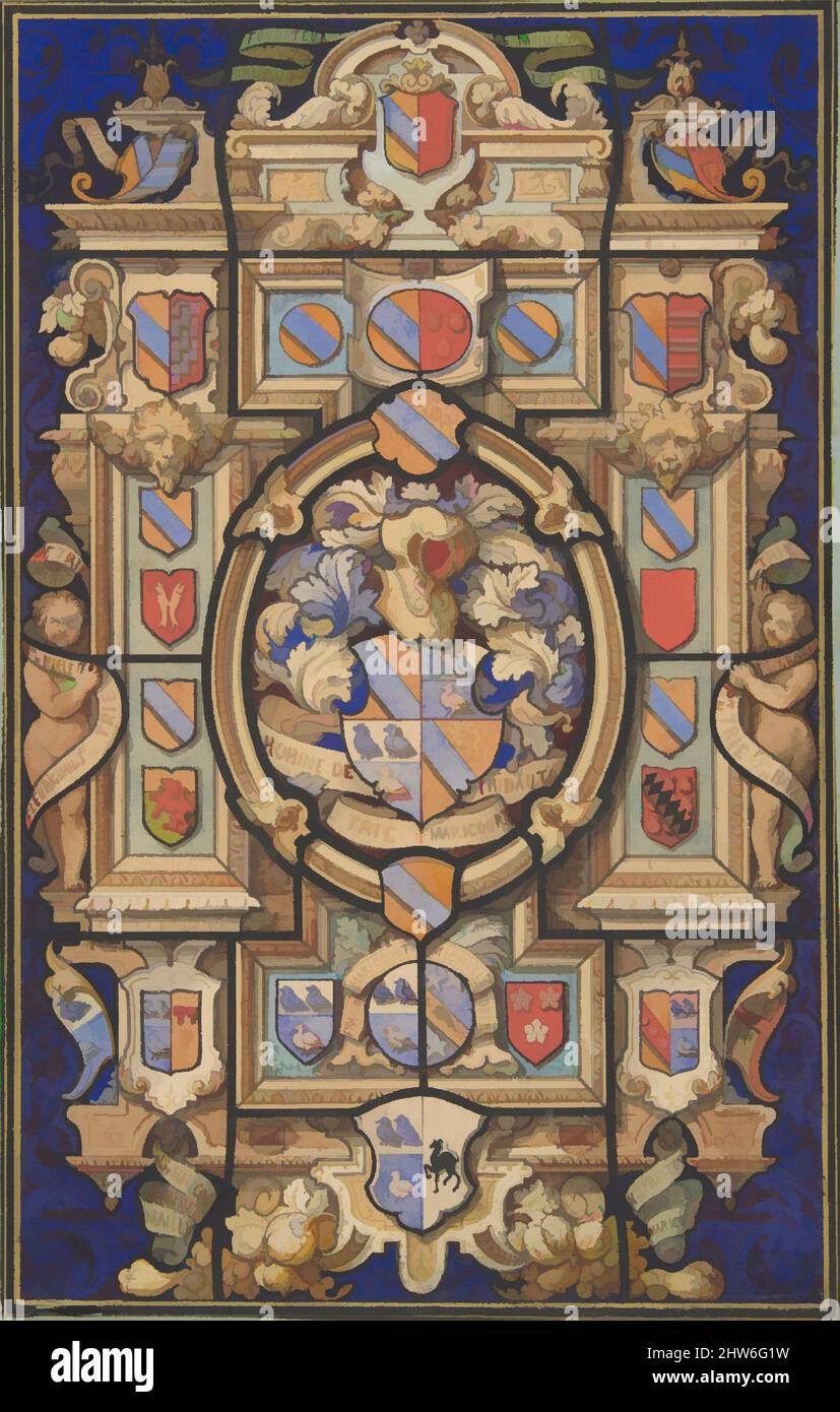 Arte ispirata dal design per una finestra di vetro colorato con disegni araldici per il Chateau Mouchy (Oise), seconda metà del 19th secolo, penna e inchiostro, acquerello e gouache su carta di vove, totale: 14 3/4 x 10 3/8 pollici. (37,4 x 26,4 cm), disegni, Jules-Edmond-Charles Lachaise (francese, morto nel 1897, opere classiche modernizzate da Artotop con un tuffo di modernità. Forme, colore e valore, impatto visivo accattivante sulle emozioni artistiche attraverso la libertà delle opere d'arte in modo contemporaneo. Un messaggio senza tempo che persegue una nuova direzione selvaggiamente creativa. Artisti che si rivolgono al supporto digitale e creano l'NFT Artotop Foto Stock