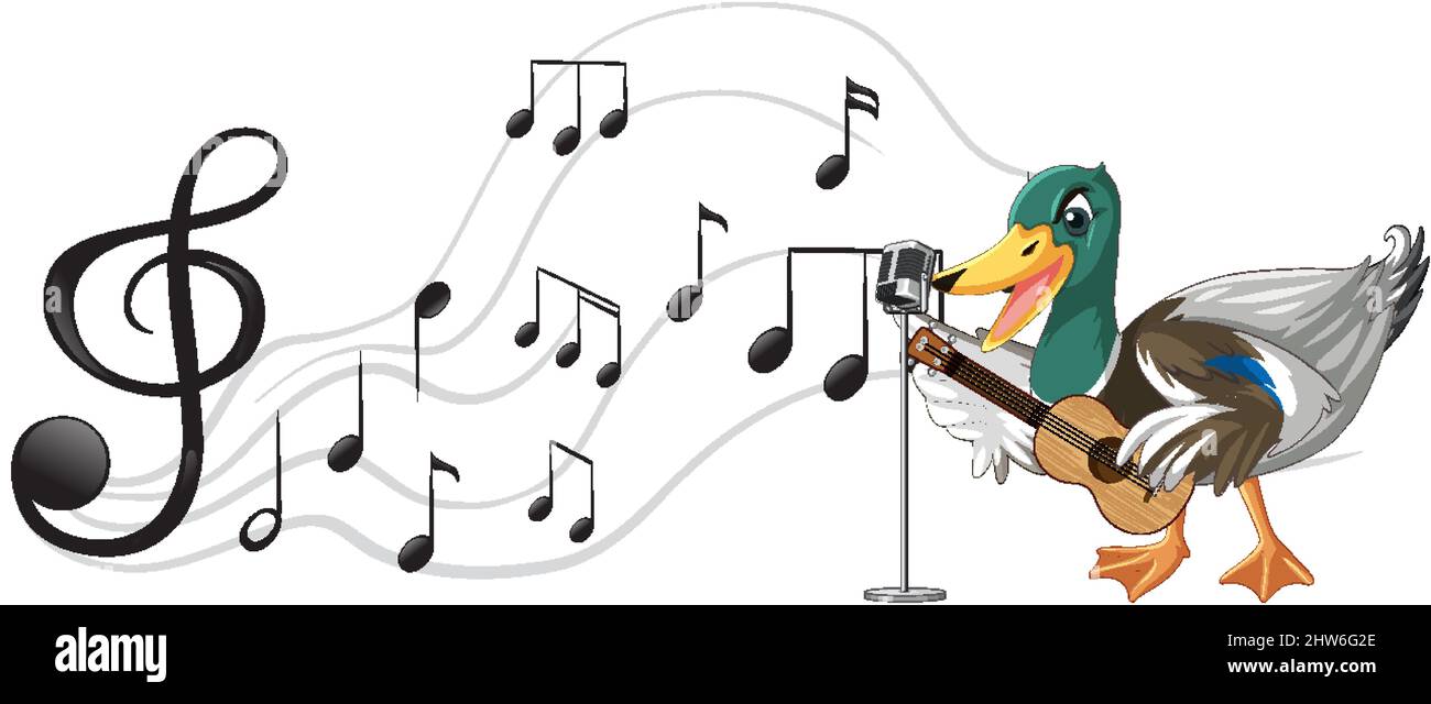 La chitarra anatra suona, ukulele con illustrazione di nota musicale Illustrazione Vettoriale