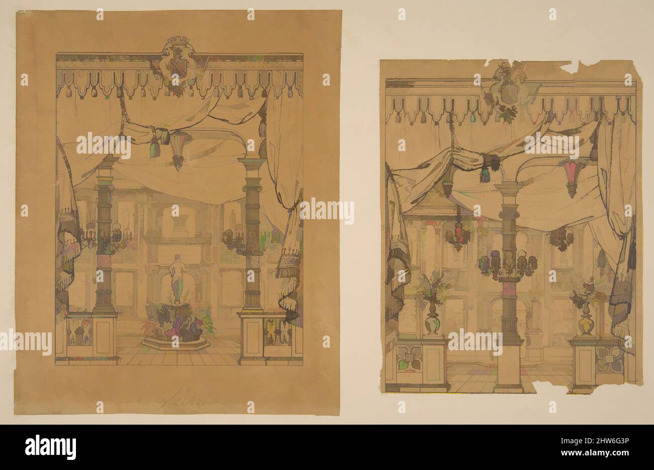 Arte ispirata da due viste di un Grand Foyer, 1830–97, penna e inchiostro su carta da ricalco, montato su carta pesante da stampa, totale: 9 7/16 x 12 13/16 pollici (24 x 32,5 cm), disegni, Jules-Edmond-Charles Lachaise (francese, morto 1897), Eugène-Pierre Gourdet (francese, Nato a Parigi, 1820, opere classiche modernizzate da Artotop con un tuffo di modernità. Forme, colore e valore, impatto visivo accattivante sulle emozioni artistiche attraverso la libertà delle opere d'arte in modo contemporaneo. Un messaggio senza tempo che persegue una nuova direzione selvaggiamente creativa. Artisti che si rivolgono al supporto digitale e creano l'NFT Artotop Foto Stock
