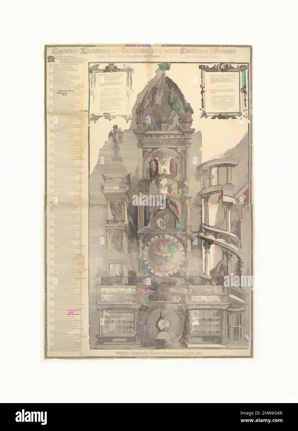 Arte ispirata all'Orologio Astronomico nella Cattedrale di Strasburgo, 1574, legno stampato da due blocchi su due fogli con testo della stampa letterale, foglio: 22 7/16 x 14 15/16 pollici. (57 x 38 cm), Tobias Stimmer (Svizzera, Sciaffusa 1539–1584 Strasburgo, opere classiche modernizzate da Artotop con un tuffo di modernità. Forme, colore e valore, impatto visivo accattivante sulle emozioni artistiche attraverso la libertà delle opere d'arte in modo contemporaneo. Un messaggio senza tempo che persegue una nuova direzione selvaggiamente creativa. Artisti che si rivolgono al supporto digitale e creano l'NFT Artotop Foto Stock
