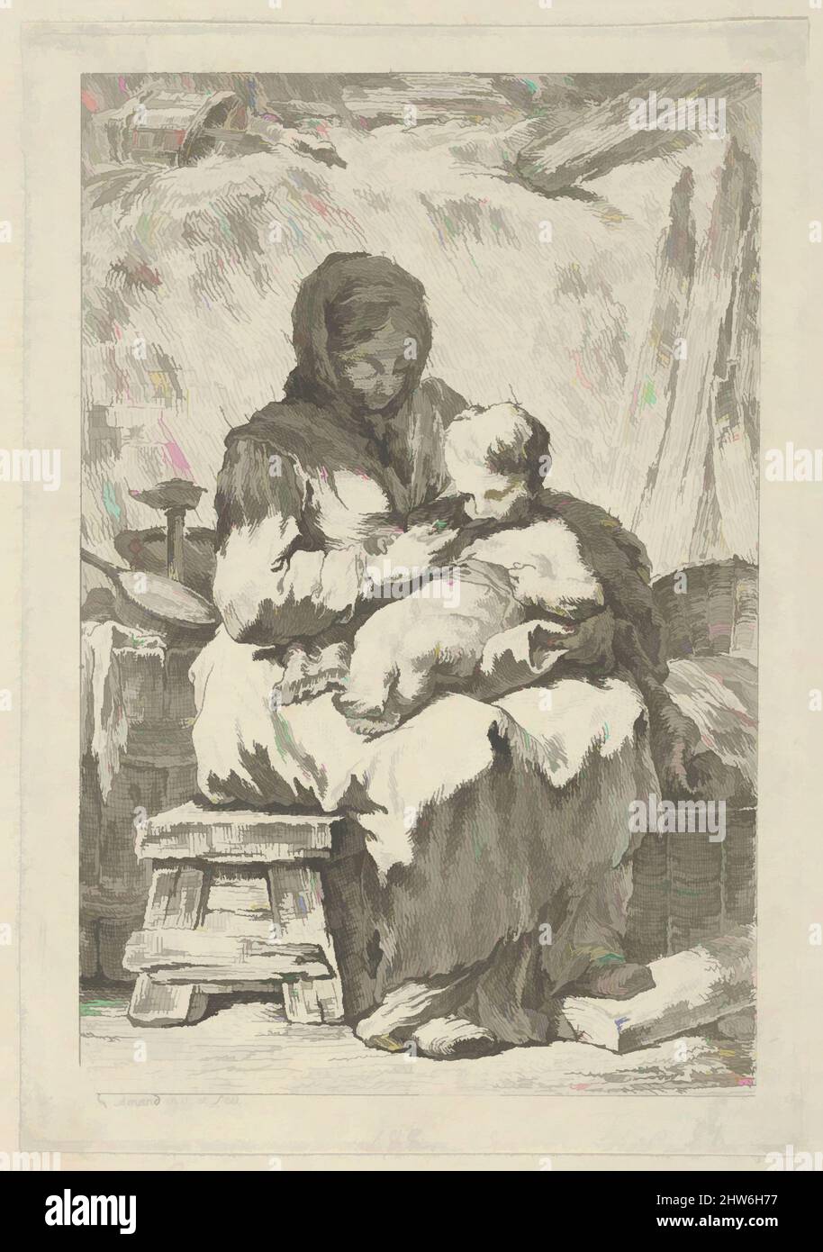 Arte ispirata da Madre e Bambino, 18th secolo, incisione, foglio: 5 1/2 x 3 1/2 poll. (13,9 x 8,9 cm), Prints, Jacques Francois Amand (francese, 1730–1769, opere classiche modernizzate da Artotop con un tuffo di modernità. Forme, colore e valore, impatto visivo accattivante sulle emozioni artistiche attraverso la libertà delle opere d'arte in modo contemporaneo. Un messaggio senza tempo che persegue una nuova direzione selvaggiamente creativa. Artisti che si rivolgono al supporto digitale e creano l'NFT Artotop Foto Stock