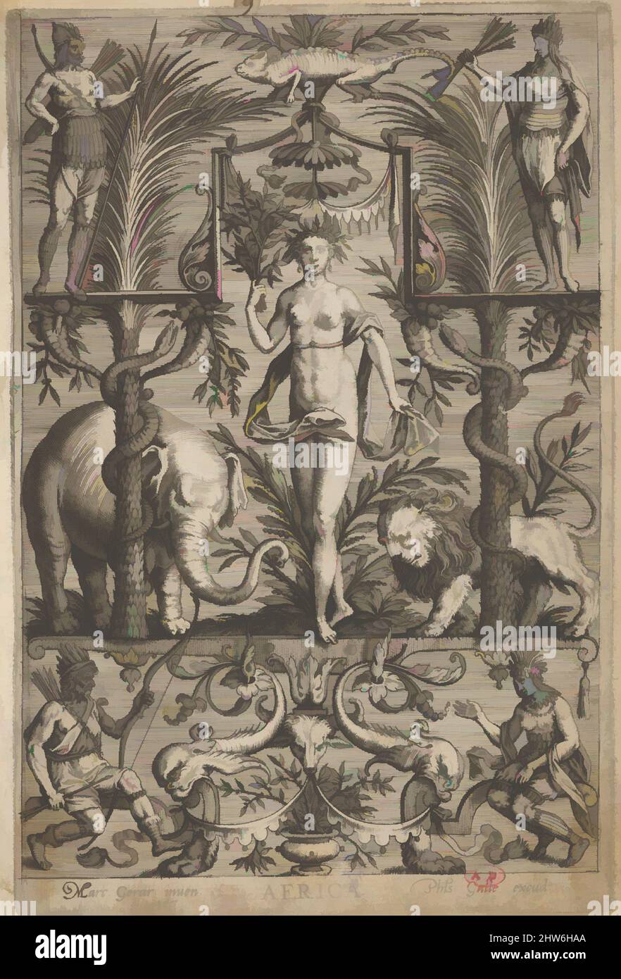 Arte ispirata dall'Africa, dai quattro continenti, ca. 1590–1600, incisione, foglio: 8 3/16 x 5 5/8 poll. (20,8 x 14,3 cm), dopo Marcus Gheraerts il Vecchio (Fiammingo, Bruges ca. 1520–ca. 1590 Londra (?) (Inghilterra attiva, opere classiche modernizzate da Artotop con un tuffo di modernità. Forme, colore e valore, impatto visivo accattivante sulle emozioni artistiche attraverso la libertà delle opere d'arte in modo contemporaneo. Un messaggio senza tempo che persegue una nuova direzione selvaggiamente creativa. Artisti che si rivolgono al supporto digitale e creano l'NFT Artotop Foto Stock