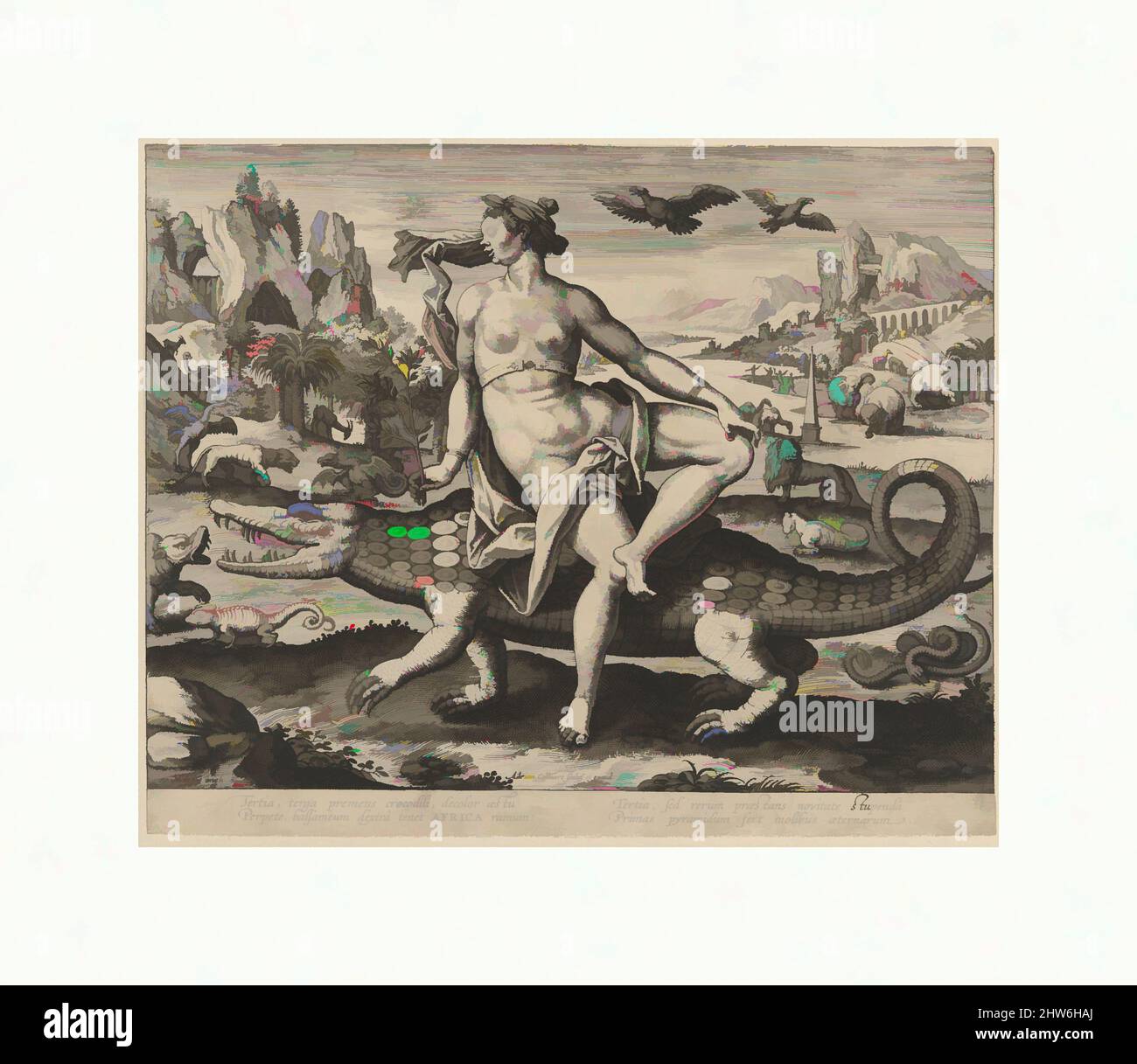 Arte ispirata dall'Africa, dai quattro continenti, n.d., incisione; primo stato, 8 1/4 x 10 1/8 pollici (21 x 25,7 cm), stampe, Adriaen Collaert (Olanda, Anversa ca. 1560–1618 Anversa), dopo Maerten de Vos (Olanda, Anversa 1532–1603 Anversa, opere classiche modernizzate da Artotop con un tocco di modernità. Forme, colore e valore, impatto visivo accattivante sulle emozioni artistiche attraverso la libertà delle opere d'arte in modo contemporaneo. Un messaggio senza tempo che persegue una nuova direzione selvaggiamente creativa. Artisti che si rivolgono al supporto digitale e creano l'NFT Artotop Foto Stock
