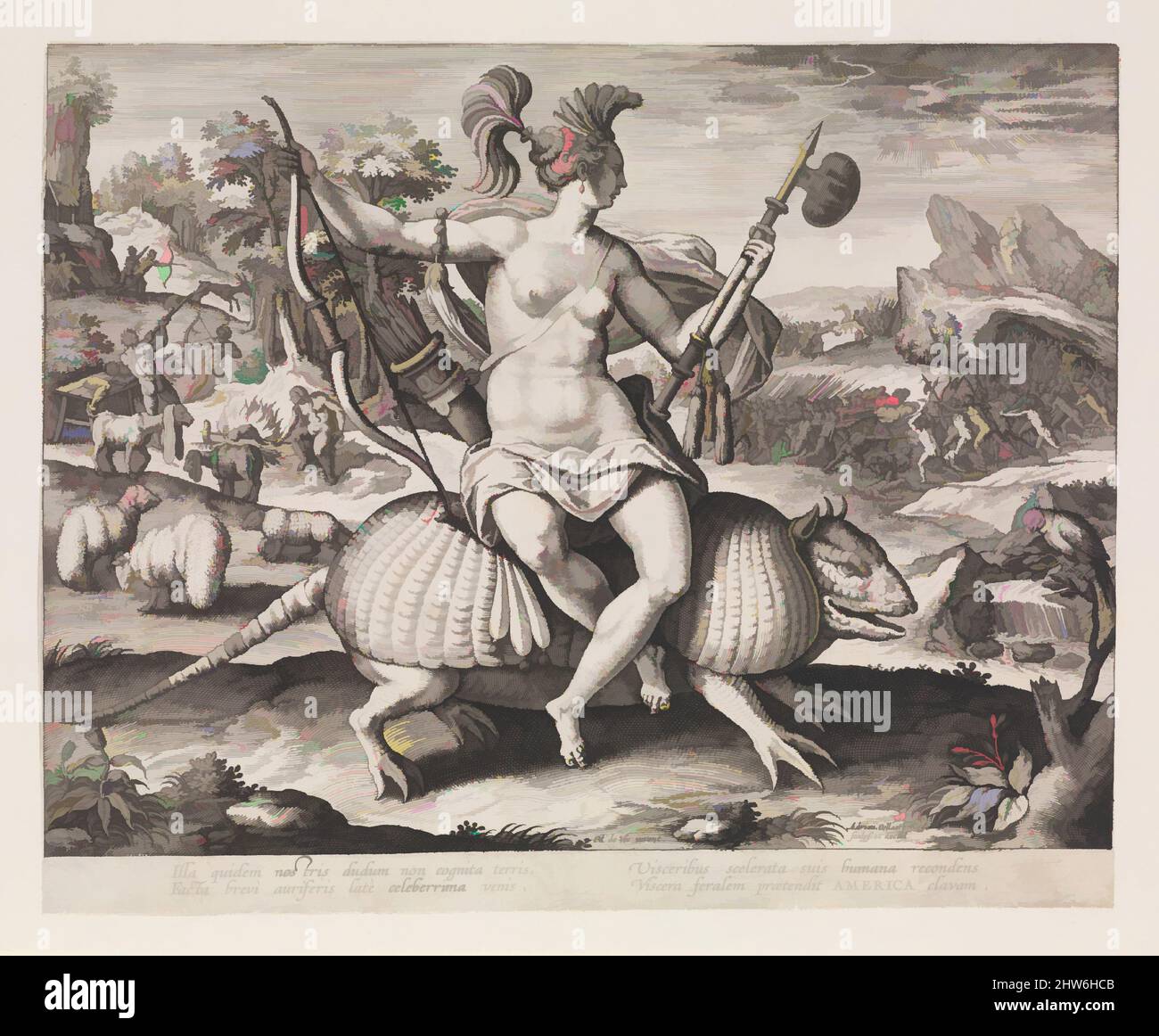 Arte ispirata dall'America, dai quattro continenti, n.d., incisione; primo stato, 8 1/4 x 10 1/8 pollici (21 x 25,7 cm), stampe, Adriaen Collaert (Olanda, Anversa ca. 1560–1618 Anversa), dopo Maerten de Vos (Olanda, Anversa 1532–1603 Anversa, opere classiche modernizzate da Artotop con un tocco di modernità. Forme, colore e valore, impatto visivo accattivante sulle emozioni artistiche attraverso la libertà delle opere d'arte in modo contemporaneo. Un messaggio senza tempo che persegue una nuova direzione selvaggiamente creativa. Artisti che si rivolgono al supporto digitale e creano l'NFT Artotop Foto Stock