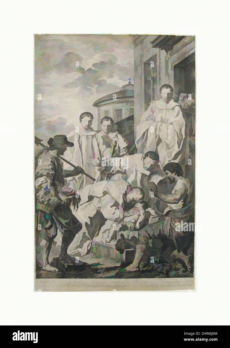 Arte ispirata a San Bendetto risuscita un fanciullo, 18th secolo, incisione, foglio: 15 3/16 x 9 1/2 pollici. (38,5 x 24,1 cm), Prints, Pierre Hubert Subleyras (francese, Saint-Gilles-du-Gard 1699–1749 Roma, opere classiche modernizzate da Artotop con un tuffo di modernità. Forme, colore e valore, impatto visivo accattivante sulle emozioni artistiche attraverso la libertà delle opere d'arte in modo contemporaneo. Un messaggio senza tempo che persegue una nuova direzione selvaggiamente creativa. Artisti che si rivolgono al supporto digitale e creano l'NFT Artotop Foto Stock