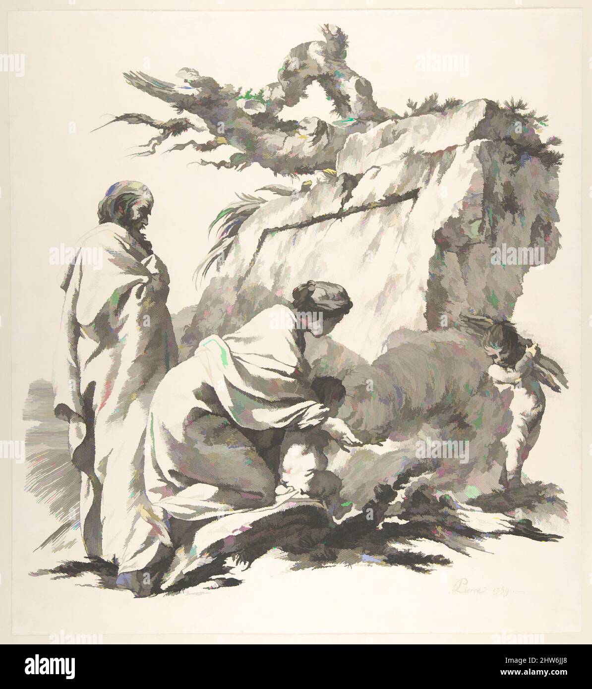 Arte ispirata da Flight into Egypt, 1759, incisione, foglio: 15 1/2 x 14 3/16 poll. (39,3 x 36,1 cm), Prints, Jean-Baptiste Marie Pierre (francese, Parigi 1714–1789 Parigi, opere classiche modernizzate da Artotop con un tuffo di modernità. Forme, colore e valore, impatto visivo accattivante sulle emozioni artistiche attraverso la libertà delle opere d'arte in modo contemporaneo. Un messaggio senza tempo che persegue una nuova direzione selvaggiamente creativa. Artisti che si rivolgono al supporto digitale e creano l'NFT Artotop Foto Stock