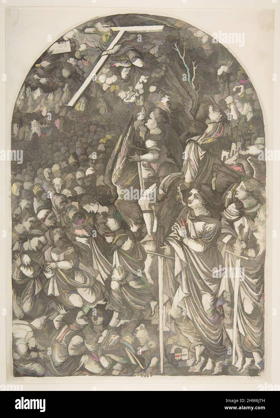 Arte ispirata a quattro Angeli che trattengono i Venti, dall'Apocalisse, n.d., incisione, piatto: 11 15/16 x 8 7/16 pollici. (30,3 x 21,5 cm), stampe, piumino Jean (francese, ca. 1485–dopo il 1561, opere classiche modernizzate da Artotop con un tuffo di modernità. Forme, colore e valore, impatto visivo accattivante sulle emozioni artistiche attraverso la libertà delle opere d'arte in modo contemporaneo. Un messaggio senza tempo che persegue una nuova direzione selvaggiamente creativa. Artisti che si rivolgono al supporto digitale e creano l'NFT Artotop Foto Stock