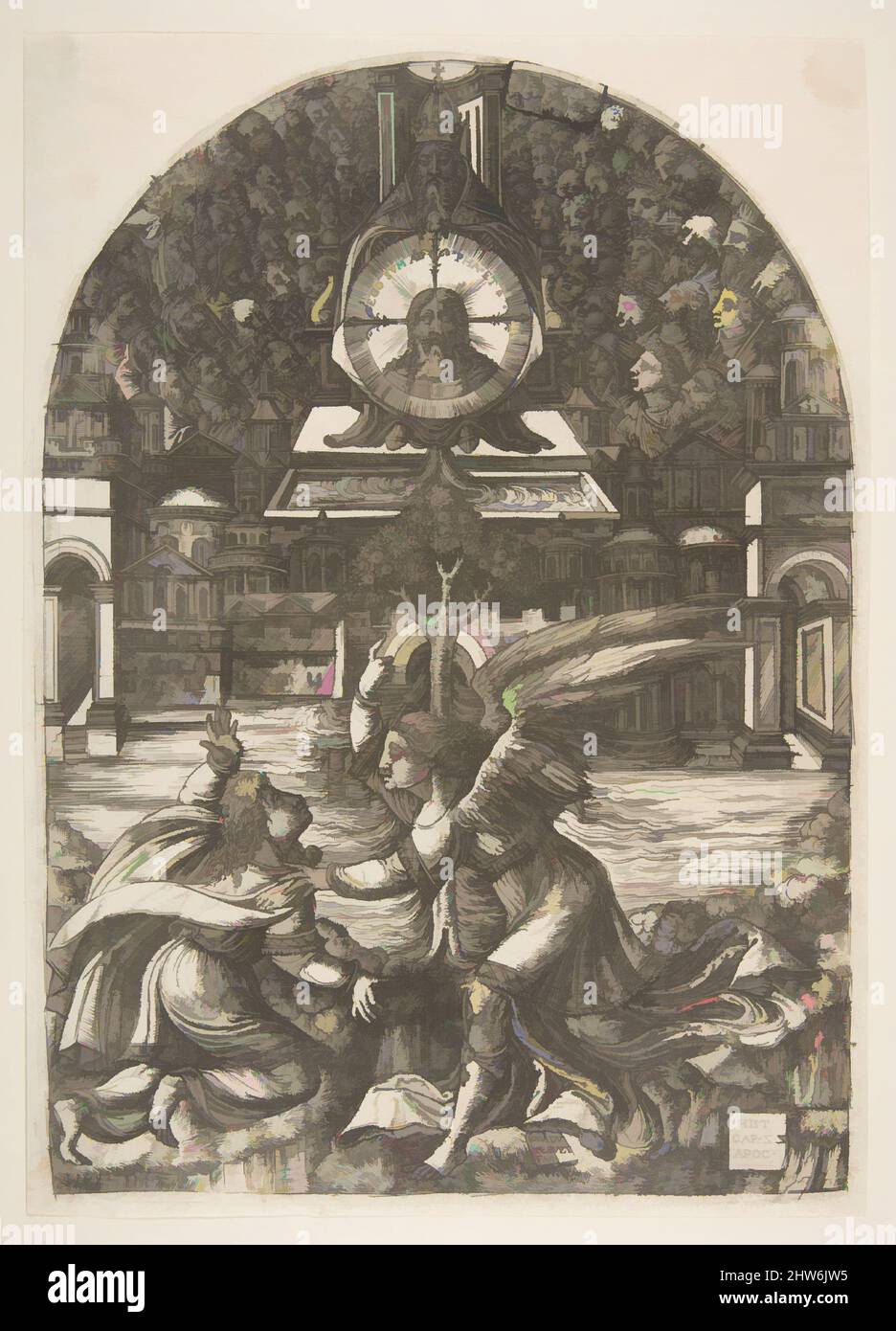 L'arte ispirata all'Angelo mostra San Giovanni la Fontana dell'acqua viva, dall'Apocalisse, n.d., incisione, piatto: 11 3/4 x 8 7/16 pollici. (29,9 x 21,4 cm), stampe, piumino Jean (francese, ca. 1485–dopo il 1561, opere classiche modernizzate da Artotop con un tuffo di modernità. Forme, colore e valore, impatto visivo accattivante sulle emozioni artistiche attraverso la libertà delle opere d'arte in modo contemporaneo. Un messaggio senza tempo che persegue una nuova direzione selvaggiamente creativa. Artisti che si rivolgono al supporto digitale e creano l'NFT Artotop Foto Stock