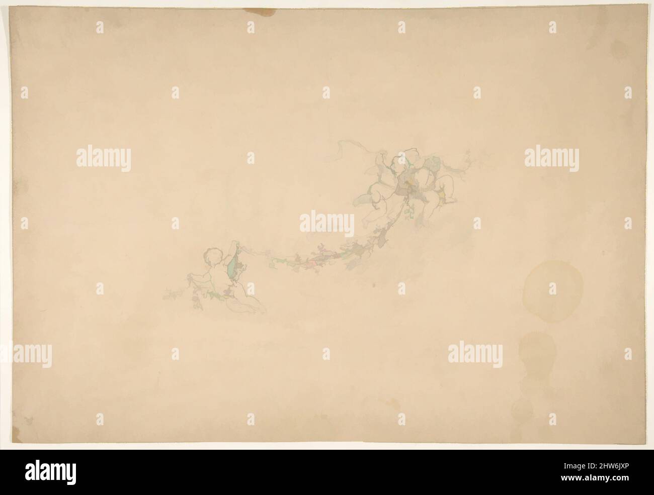 Arte ispirata da tre putti che detengono in alto una ghirlanda, seconda metà del 19th secolo, grafite su carta ovata, disegni, Jules-Edmond-Charles Lachaise (francese, morto nel 1897), Eugène-Pierre Gourdet (francese, Nato a Parigi, 1820, opere classiche modernizzate da Artotop con un tuffo di modernità. Forme, colore e valore, impatto visivo accattivante sulle emozioni artistiche attraverso la libertà delle opere d'arte in modo contemporaneo. Un messaggio senza tempo che persegue una nuova direzione selvaggiamente creativa. Artisti che si rivolgono al supporto digitale e creano l'NFT Artotop Foto Stock