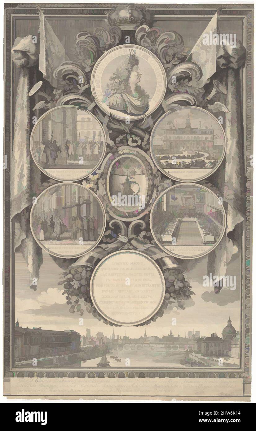 Arte ispirata dall'accoglienza di Luigi XIV al Hôtel de Ville in occasione della sua ripresa, 30 gennaio 1687, 1687, incisione, foglio: 14 9/16 x 9 1/16 pollici (37 x 23 cm), stampe, Sébastien Leclerc i (francese, Metz 1637–1714 Parigi, opere classiche modernizzate da Artotop con un tuffo di modernità. Forme, colore e valore, impatto visivo accattivante sulle emozioni artistiche attraverso la libertà delle opere d'arte in modo contemporaneo. Un messaggio senza tempo che persegue una nuova direzione selvaggiamente creativa. Artisti che si rivolgono al supporto digitale e creano l'NFT Artotop Foto Stock