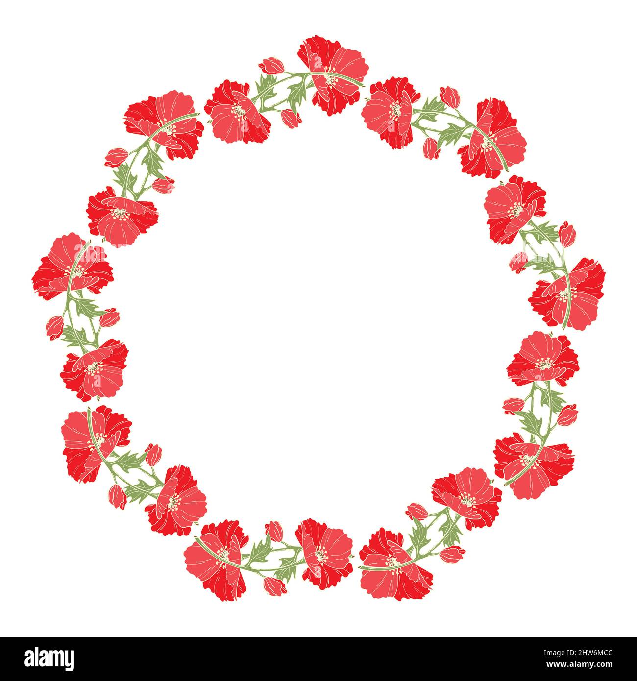 Corona di papavero. Fiori, germogli e foglie di papavero a forma di cerchio. Illustrazione vettoriale a colori disegnata a mano per il vostro disegno. Illustrazione vettoriale Illustrazione Vettoriale